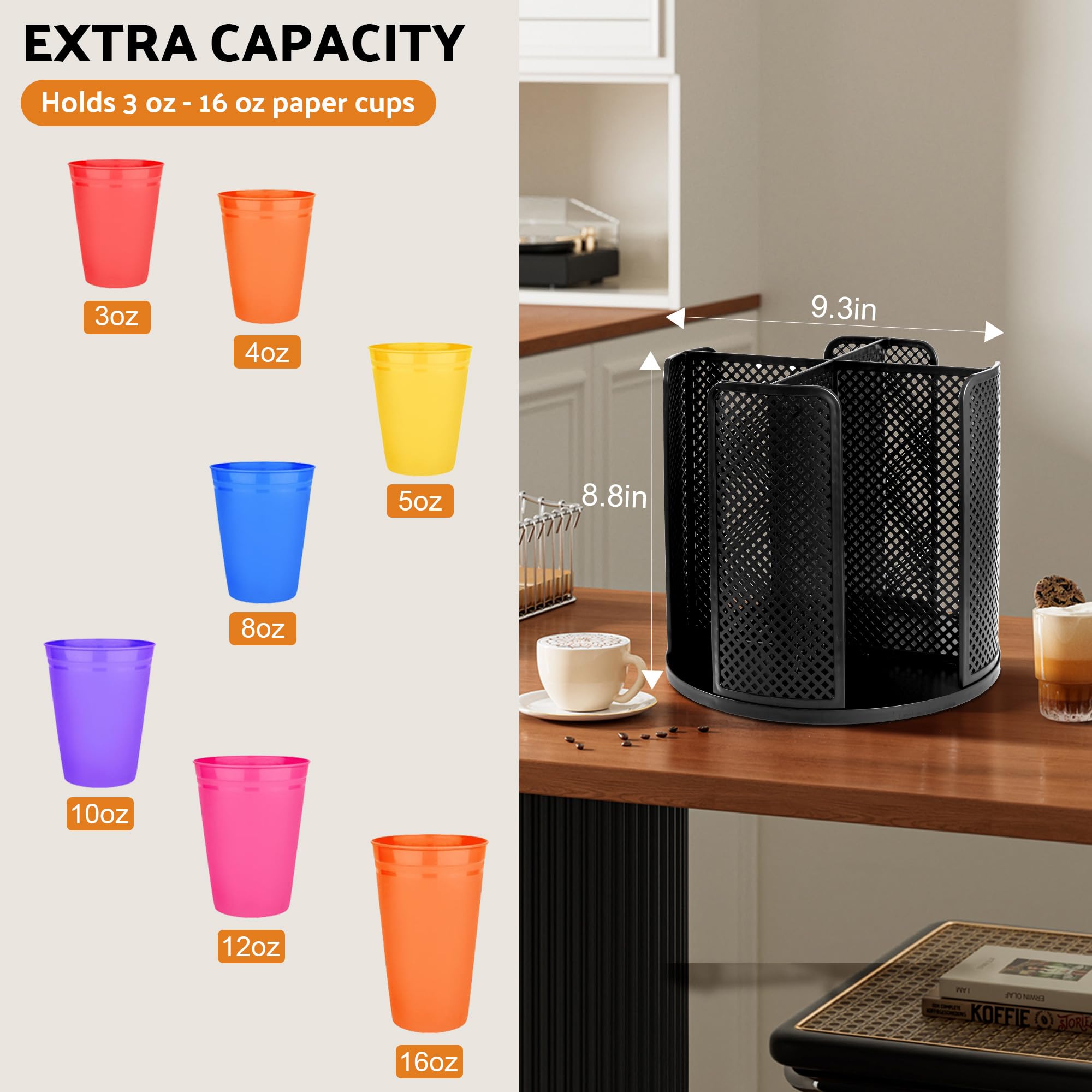 Wymulot Rotating Paper Cup Dispenser, Cup Holder With 4 Compartments, Disposable Coffee Cup Dispenser Removable, Plastic Cup Sto