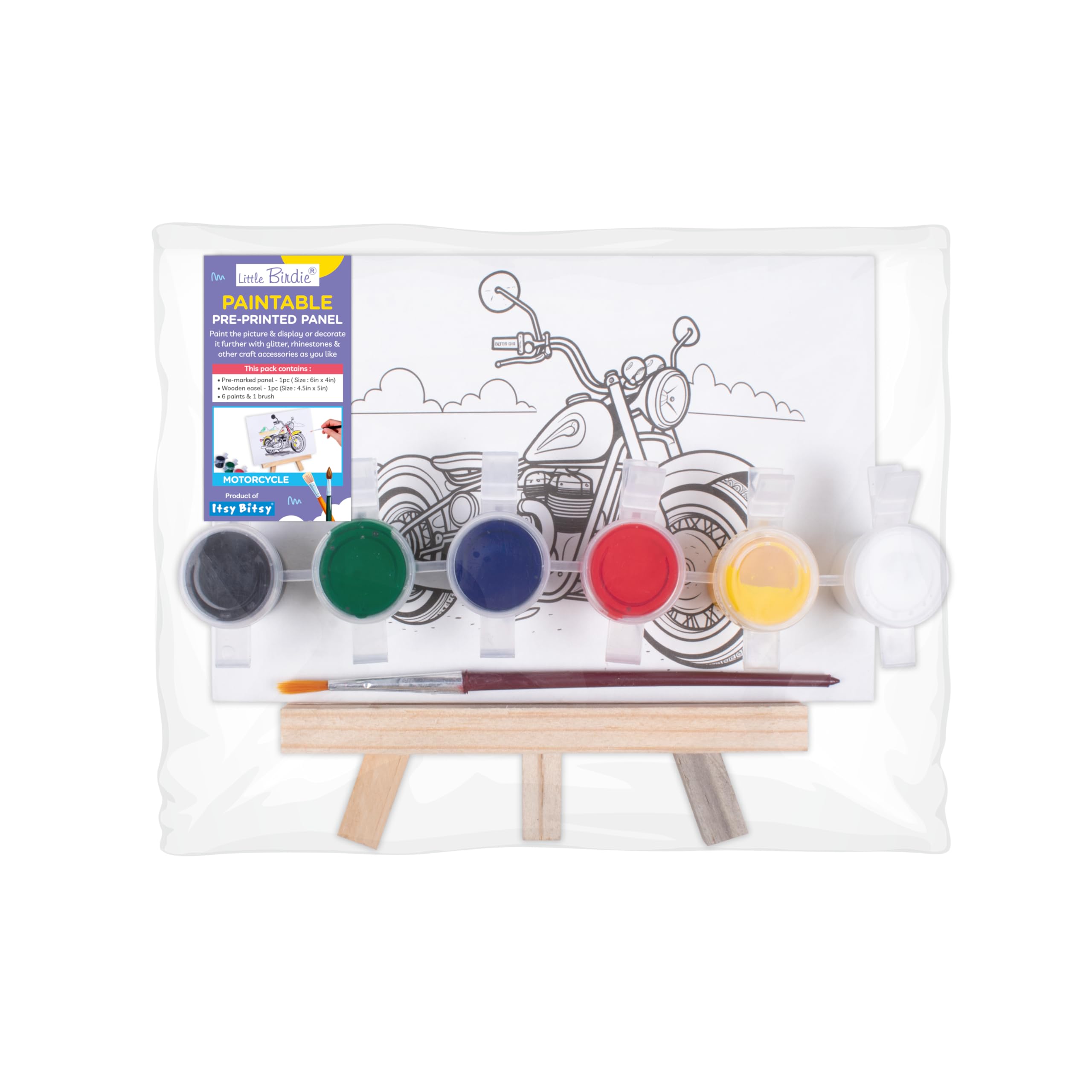 Little Birdie Paintable PrePrinted Panel with Easel & Paints Motorcycle  Approx. 4in x6in, Easel Size 11cm, 1pc | for DIY Pain