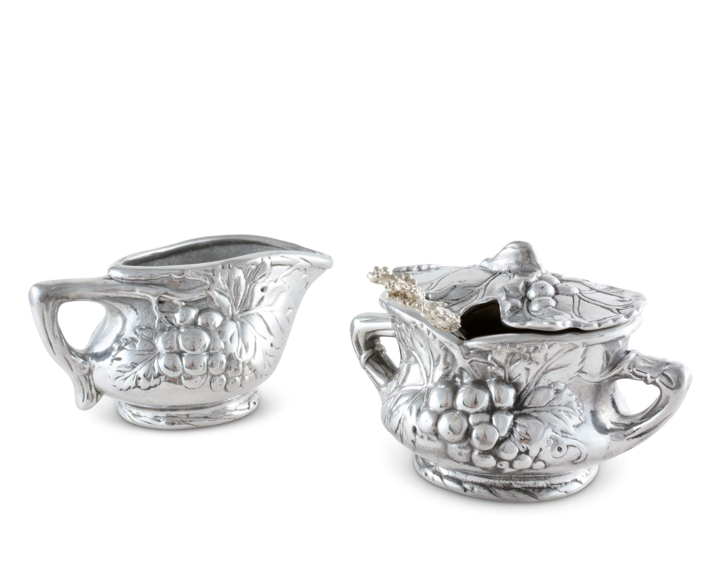 Arthur Court Designs Aluminum Grape Pattern Sugar And Creamer Set Sugar Bowl For Coffee And Tea 5.75 In W X 2.75 In H Creamer: 5