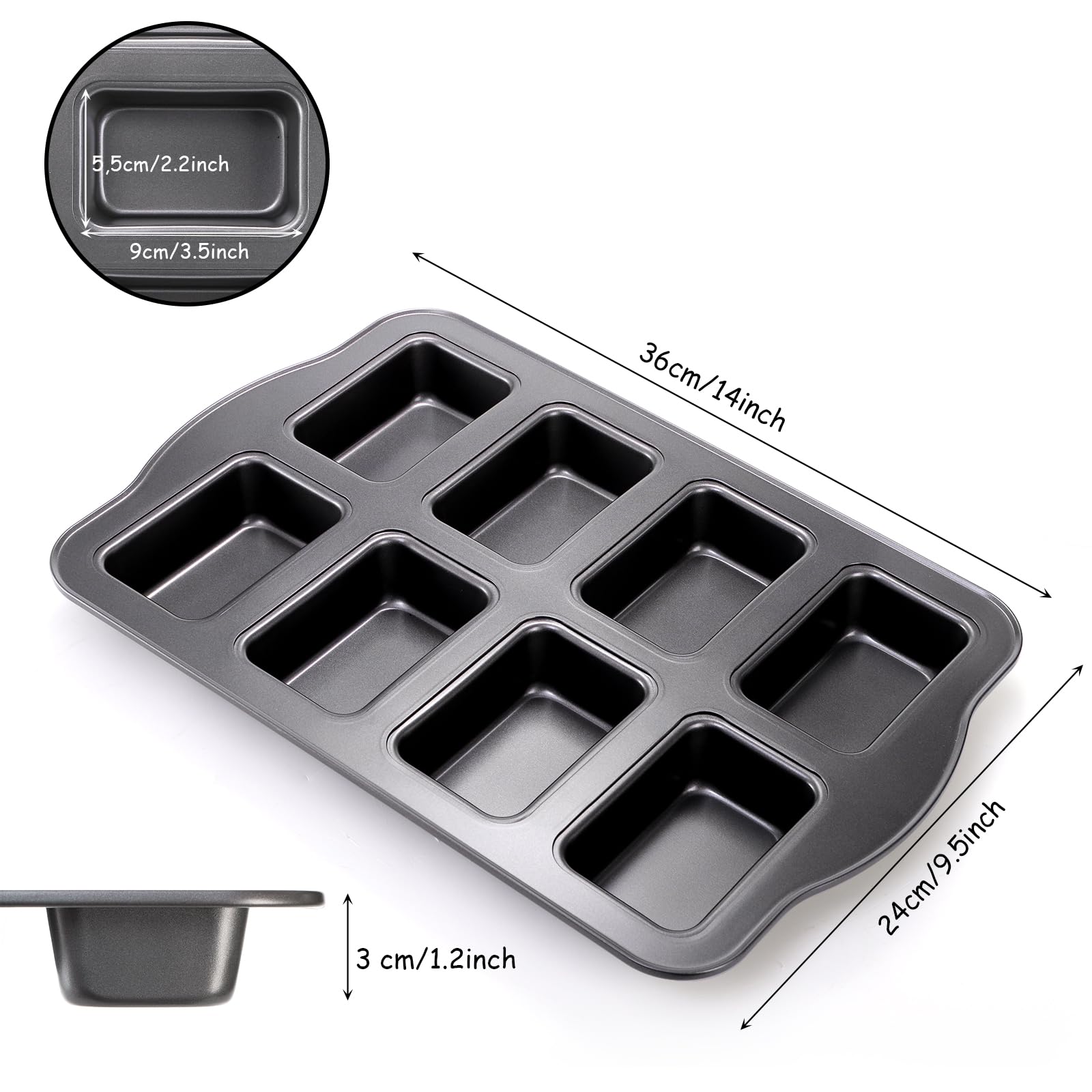 Lawei Mini Loaf Pan Set - 2 Pack Non-Stick Carbon Steel, 8 Cavity, 14 x 9.5 x 1.2 inch, Black, Perfect for Corn