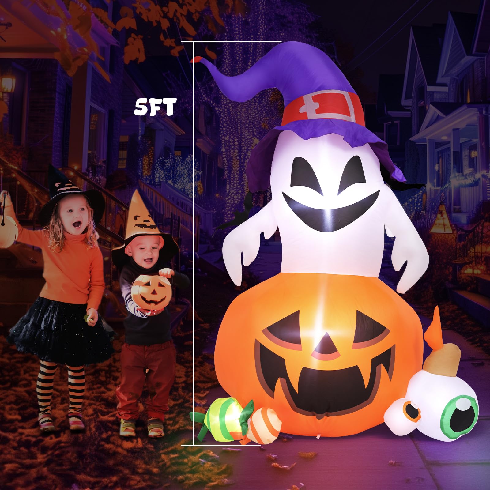 5FT Halloween Inflatable Outdoor Decoration Pumpkin Ghost with Built-in LEDs Blow Up for Halloween Party Holiday Indoor Outdoor