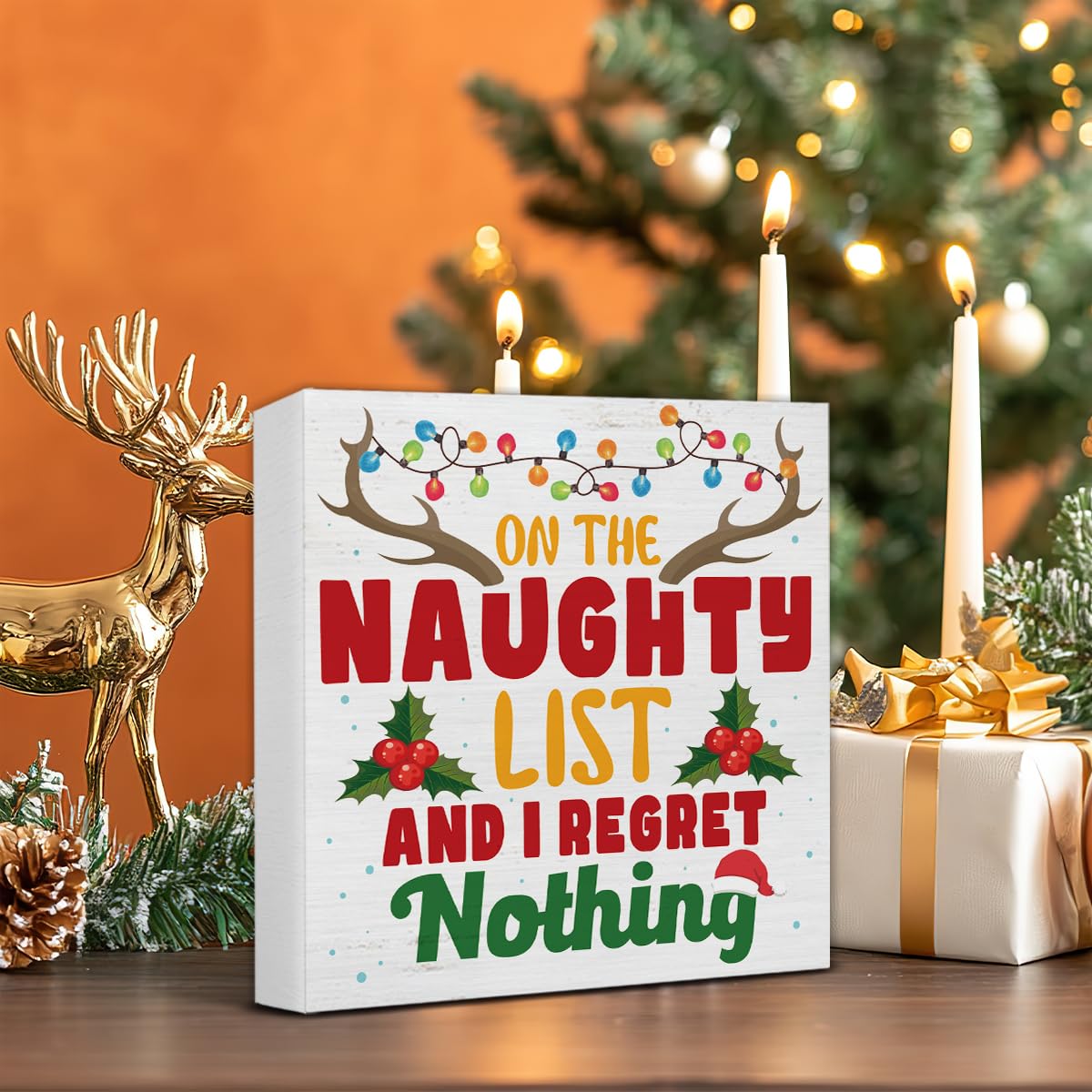 Funny Christmas Decorations, on the Naughty List and I Regret Nothing Wooden Sign, Christmas Room Decor, Christmas Decor for Des