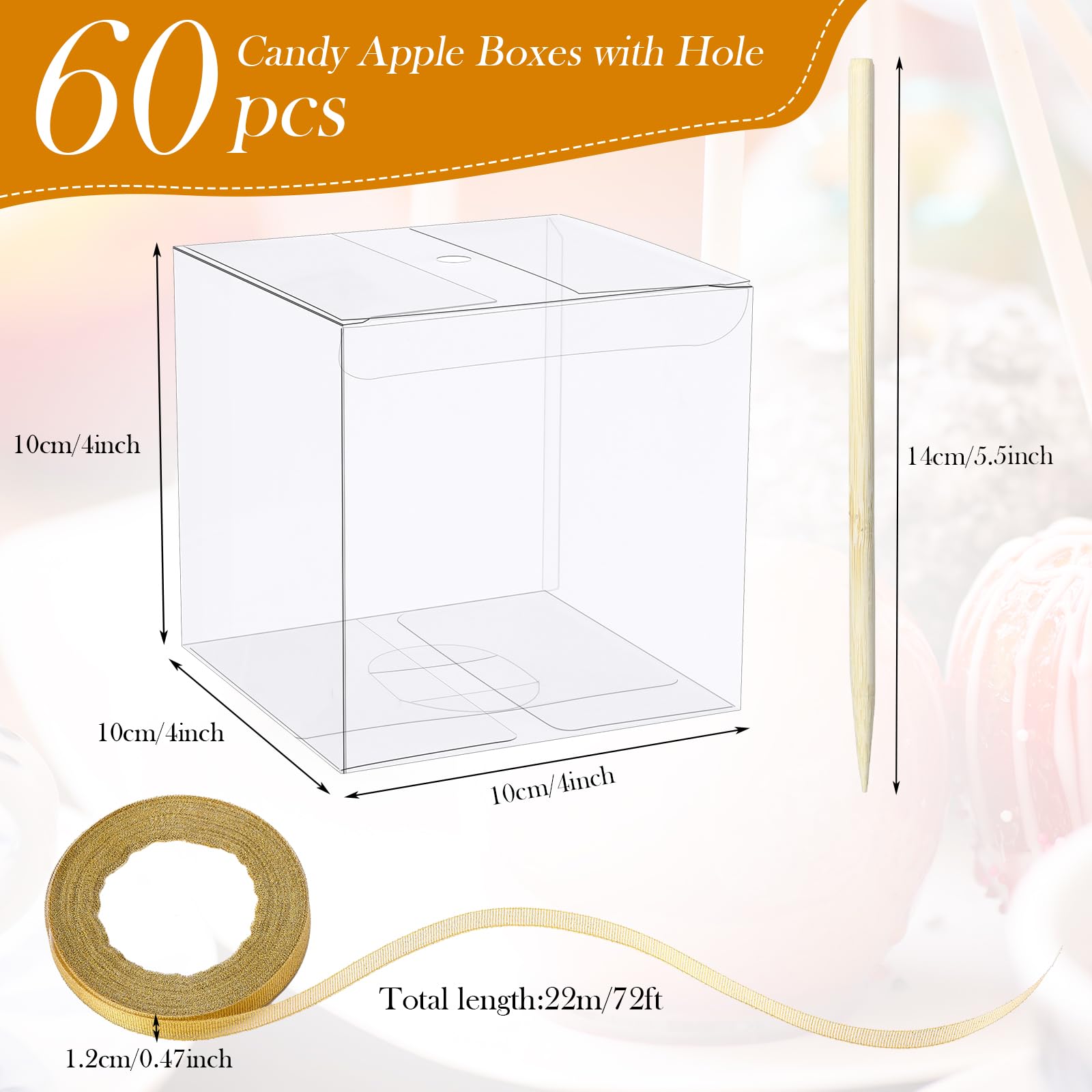 Wesiti 60 Sets 4''X 4''X 4'' Candy Apple Boxes For Treats Clear Candy Apple Boxes With Hole Transparent Cake Boxes With Bamboo P
