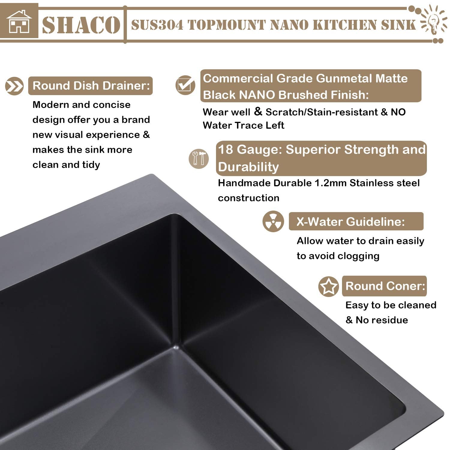 Shaco 28 Inch Black Drop In Stainless Steel Kitchen Sink, Gunmetal Black Top Mount Rv Laundry Utility Sink, 9 Inch Deep Single B