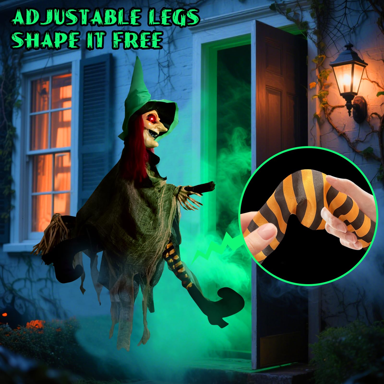 Halloween LED Light-Up Flying Witch on Broomstick, Realistic Sound & Motion, Scary Hanging Animated Decoration with Kicking Legs