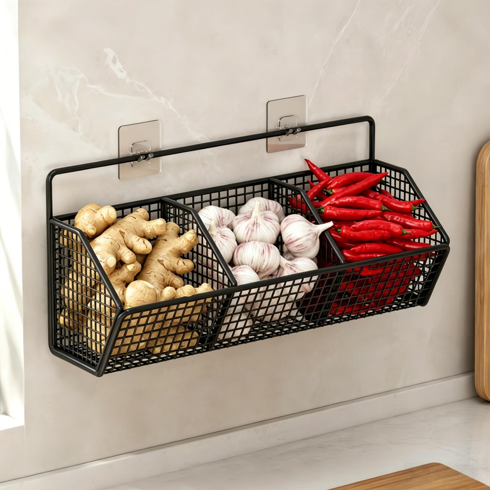 XGVIEGZ Hanging Wire Fruit Basket with Adhesive Hooks, Hanging Fruit Baskets for Kitchen Counter, Wall Basket for Kitchen Bathro