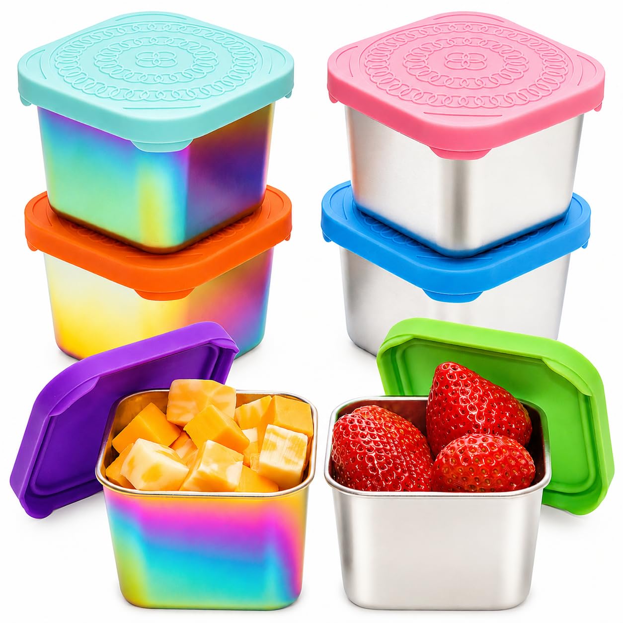 Home Meets Heart Rainbow Stainless Steel Snack Containers with Lids  6 Pack Reusable Leakproof BPA Free Metal Snack Cups for Ki