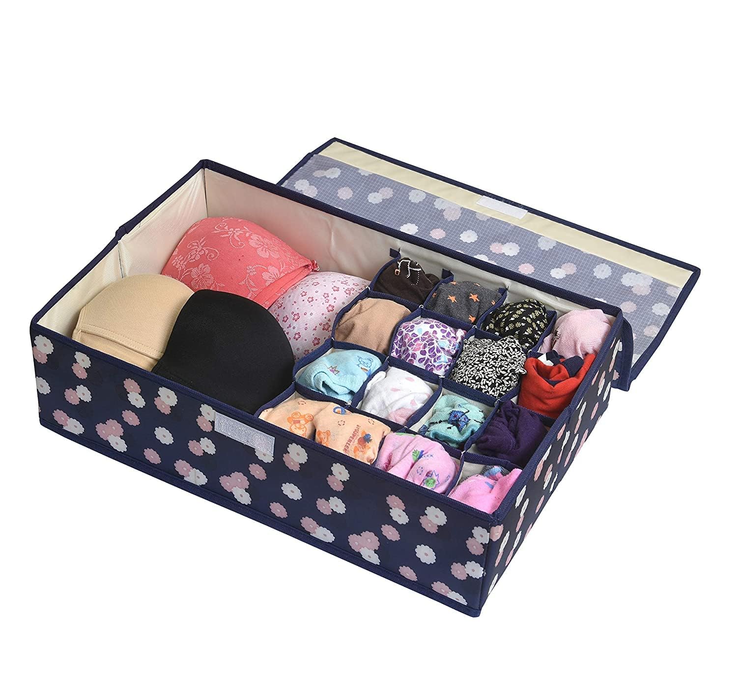 Bestottam Foldable Storage Box Closet Drawer Organizer With Lid, 17 Grids For Underwear Closet Storage For Bra, Panty Innerwear 