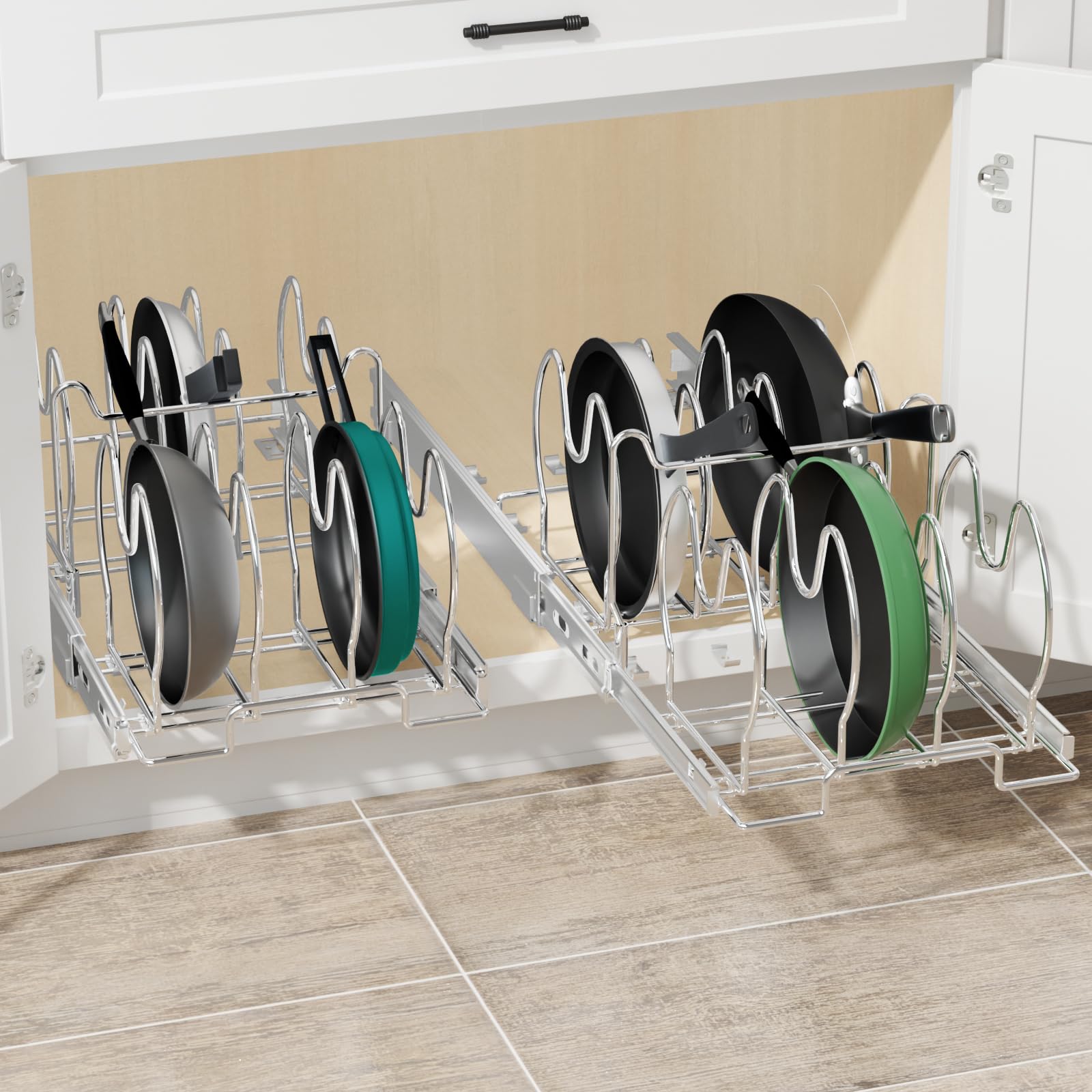 Pull Out Pots And Pans Organizer For Cabinet, Adjustable Slide Out Pan And Pot Lid Rack Holder Under Cabinet Kitchen Organizatio