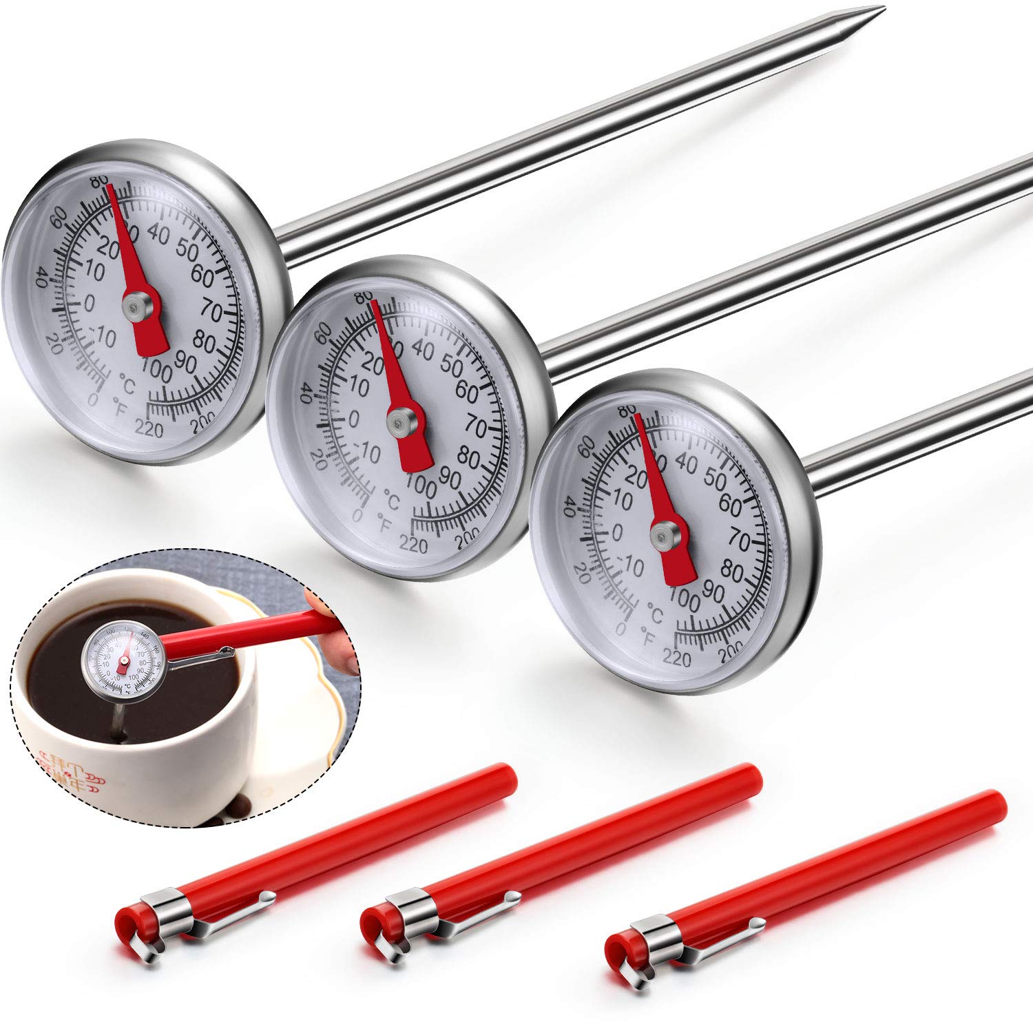 Frienda 3 Pcs Instant Read 1 Inch Dial Thermometer Pocket Food Thermometer with 3 Pcs Calibration Sleeves for Coffee Drinks Choc