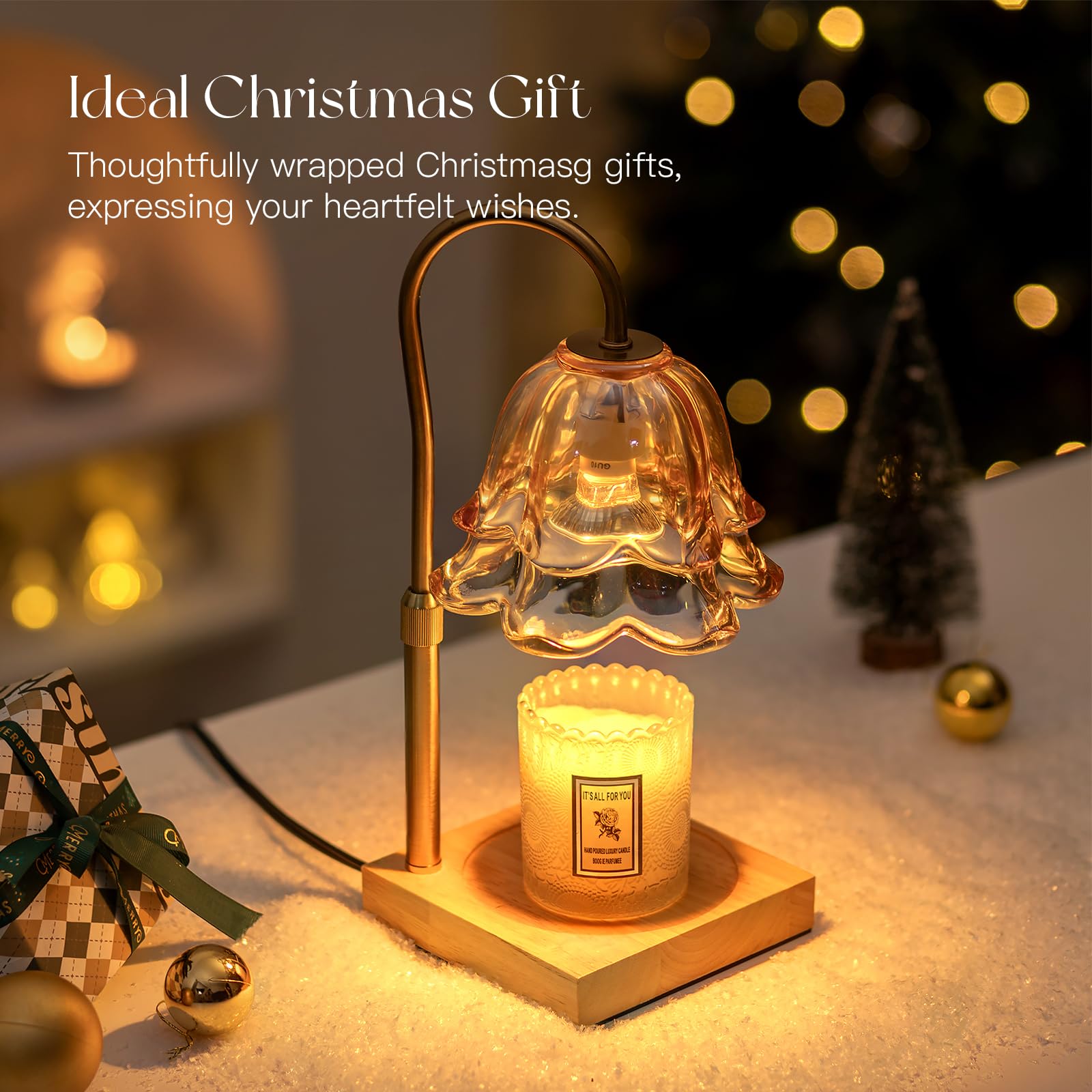 Candeldo Christmas Gifts for Women: Gold Flower Candle Warmer Lamp with Timer Height Adjustalbe Wax Warmer Dimmable Christmas Ne