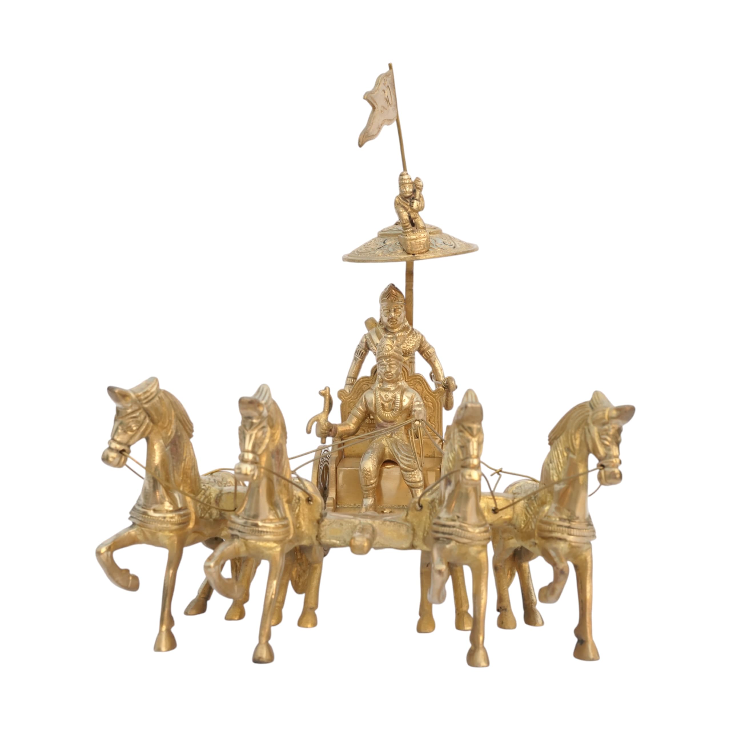 Brongs Brass Chariot With Lord Krishna, Arjuna And Lord Hanuman |Krishna Arjun Rath Idol|Vastu Idol For Home And Office | 9.5 In