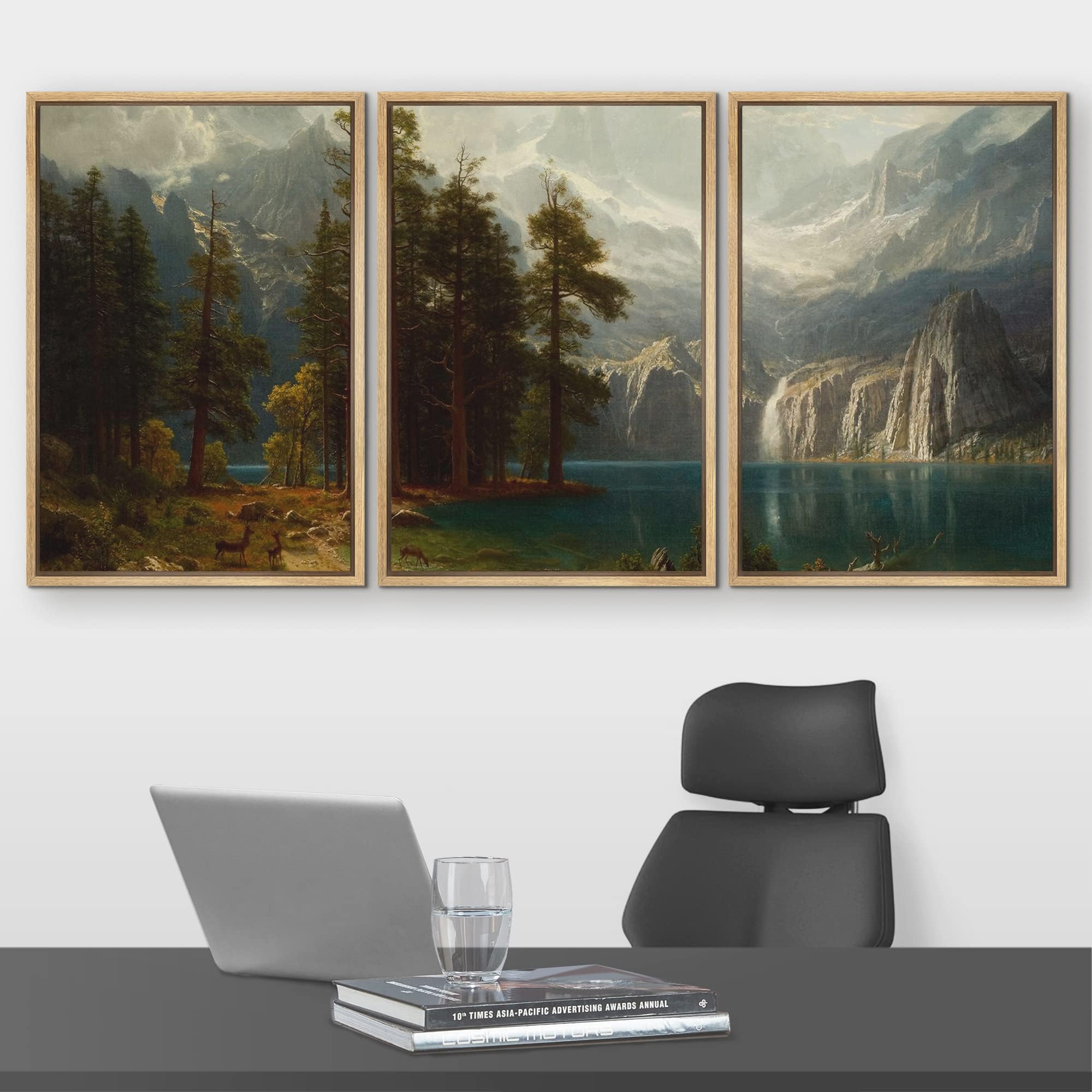 Wall26 - 3 Piece Framed Canvas Wall Art - Sierra Nevada In California By Albert Bierstadt Giclee - Modern Home Art Stretched And