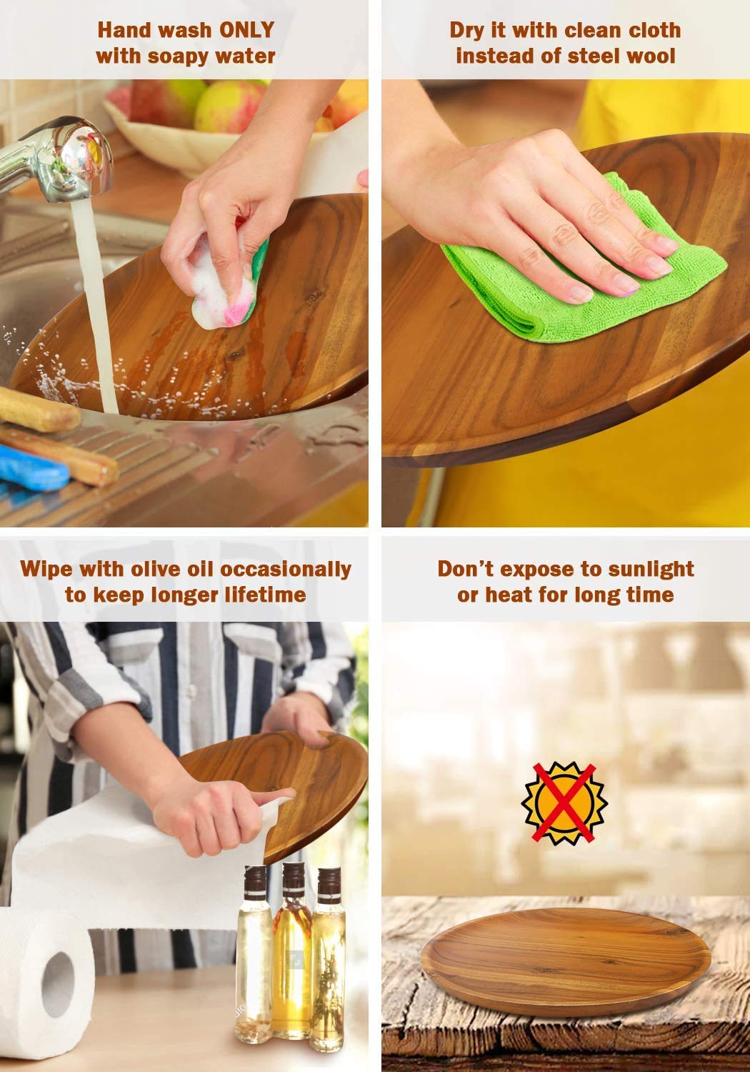 Aidea Acacia Wood Dinner Plates, 8 Inch Round Wood Plates Set Of 4, Easy Cleaning & Lightweight For Dishes Snack, Dessert, Unbre