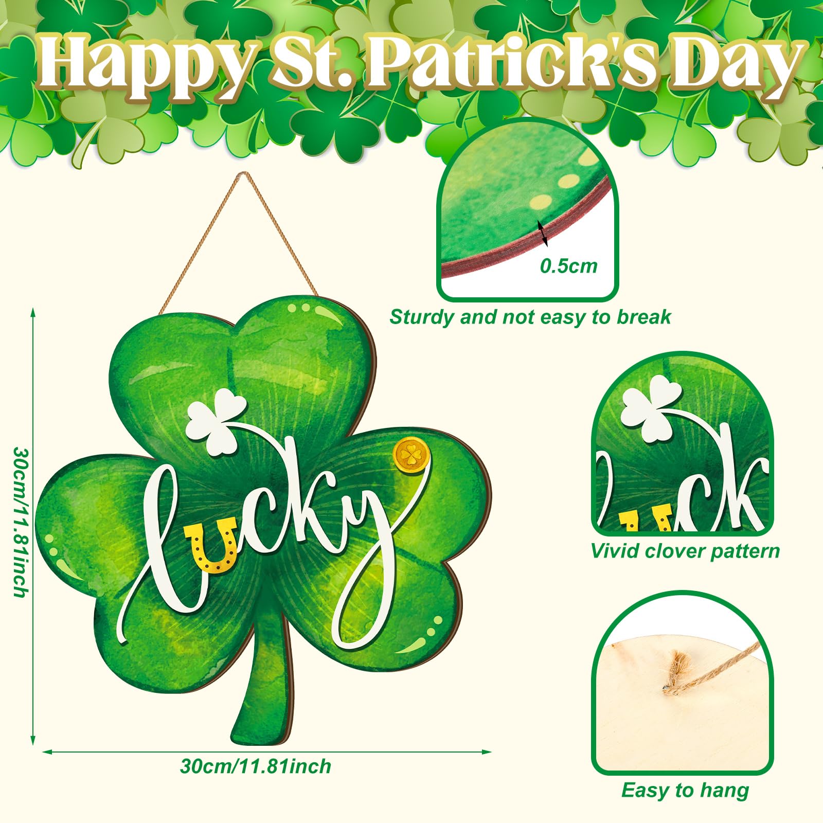 Boao St. Patrick s Day Shamrock Door Hanger Welcome Wooden Hanging Sign Lucky Irish Wood Wreath Decor for Happy St. Patrick s Da