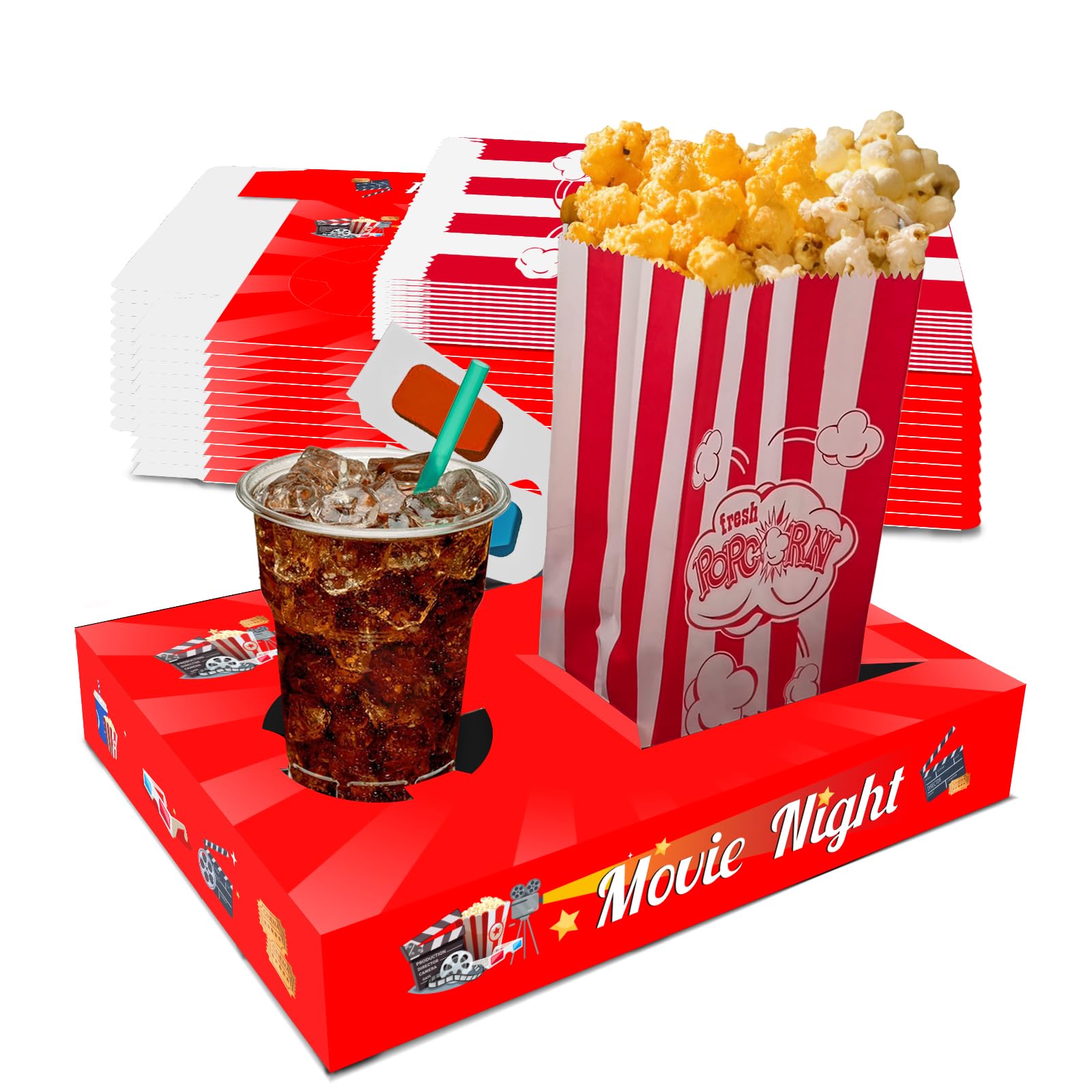 Lstamoy 24Pcs Movie Night Snack Trays With Popcorn Bags And Food Trays, Movie Night Supplies For Movie Theater Family Birthday P