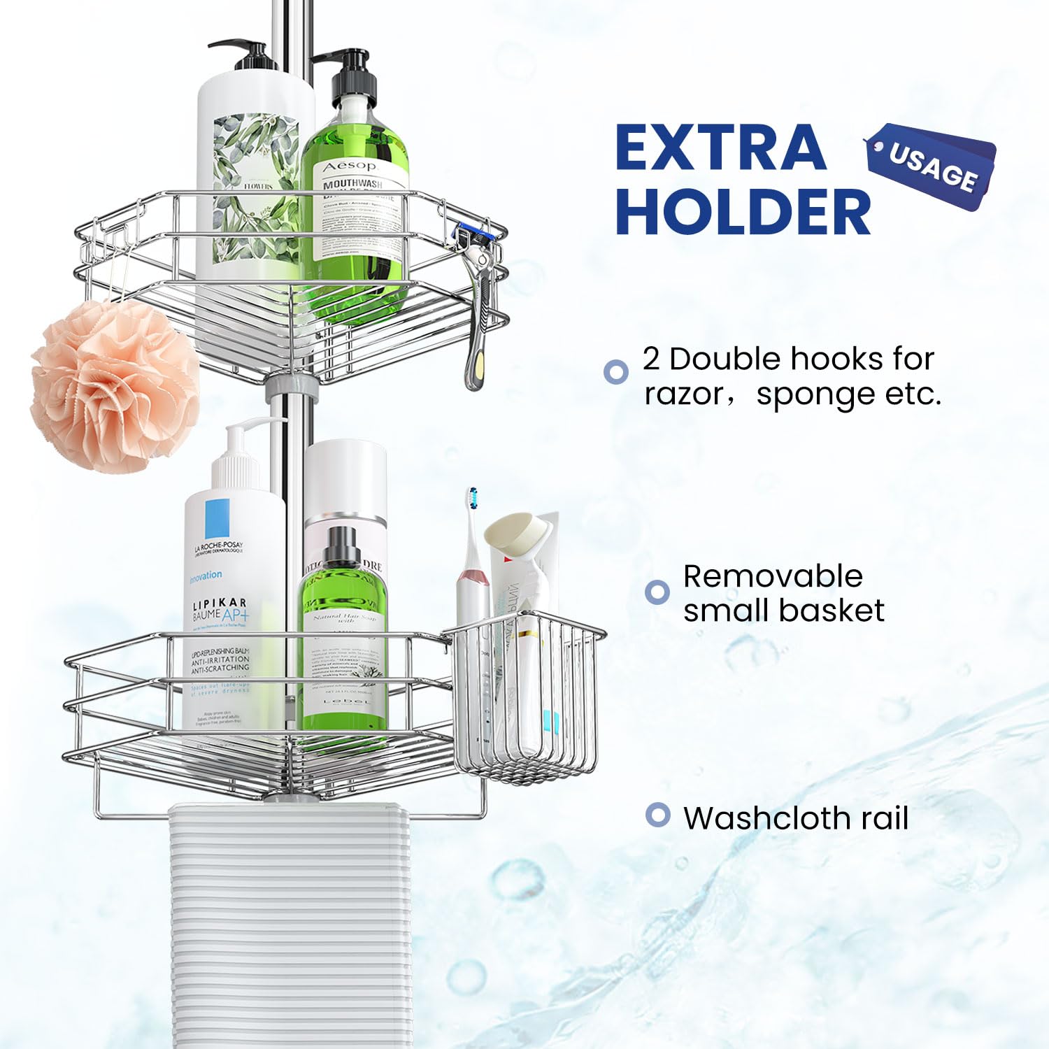 Seirione Corner Shower Caddy Tension Pole, Adjustable Shower Organizer Corner With 4 Shelves, No Drilling Shower Shelf For Insid