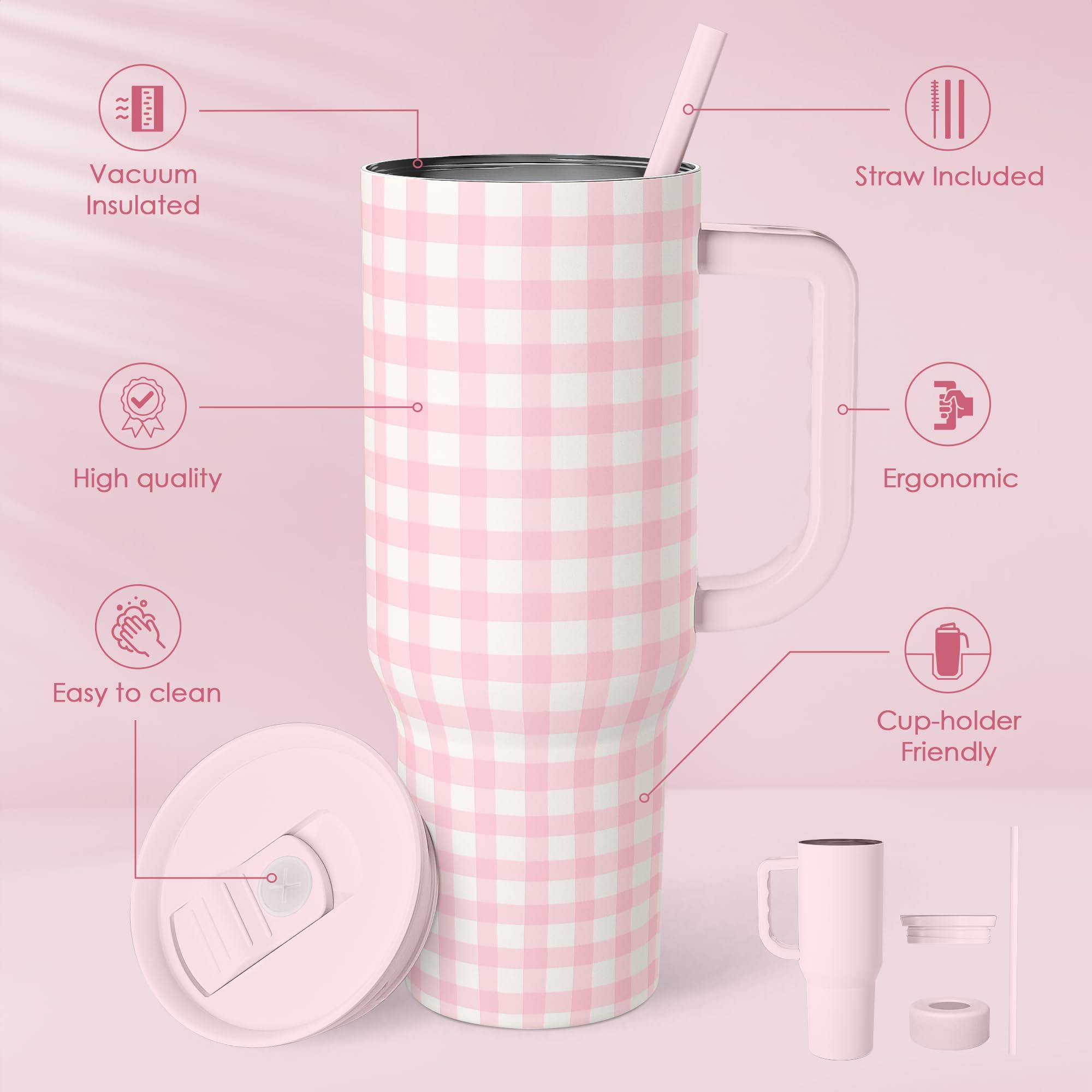 Pink Gingham 40oz Slider Tumbler with Handle and Straw - Insulated Stainless Steel Travel Coffee Mug for Women Girls, Gift for B