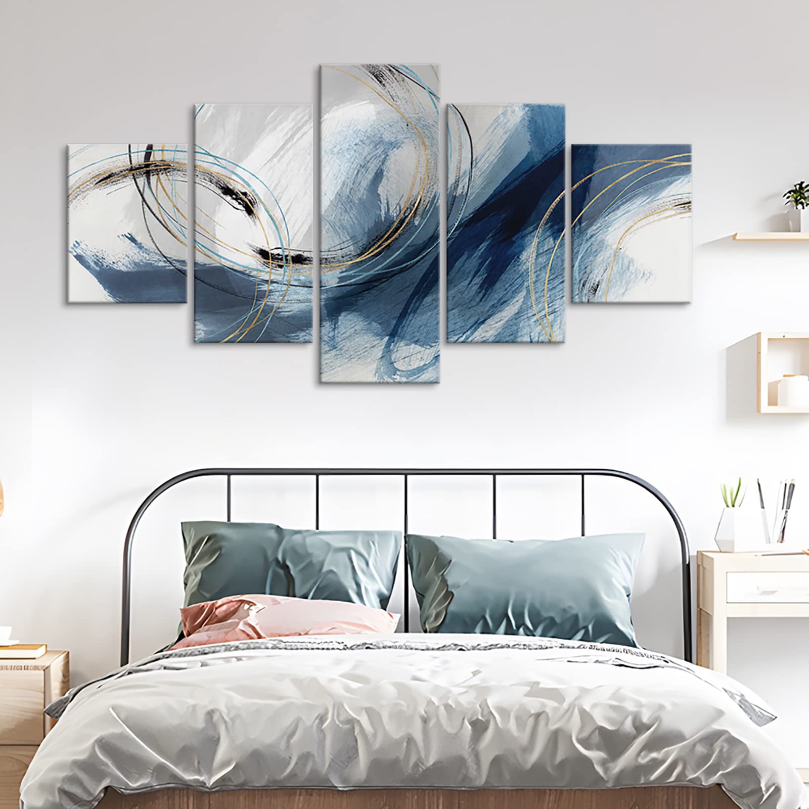 Fu-Keivy Blue Grey Abstract Canvas Wall Art Decor Fantasy Modern Artwork Painting For Living Room Bedroom 5 Panel Wall Pictures