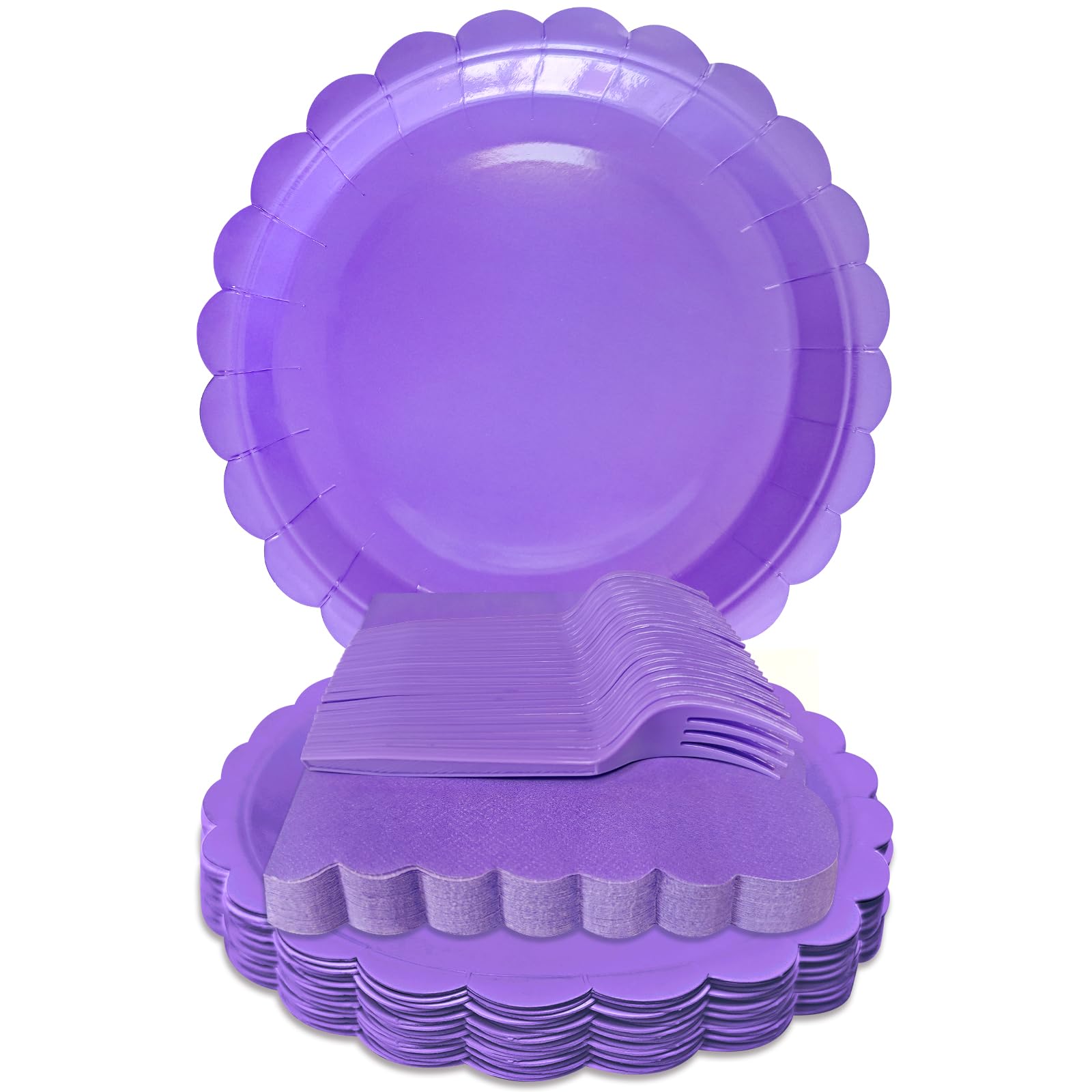 WYQJHKV Lavender Paper Plates and Napkins,7 Inch Light Purple Scalloped Disposable Dessert Plates Paper Napkin Fork Party Suppli