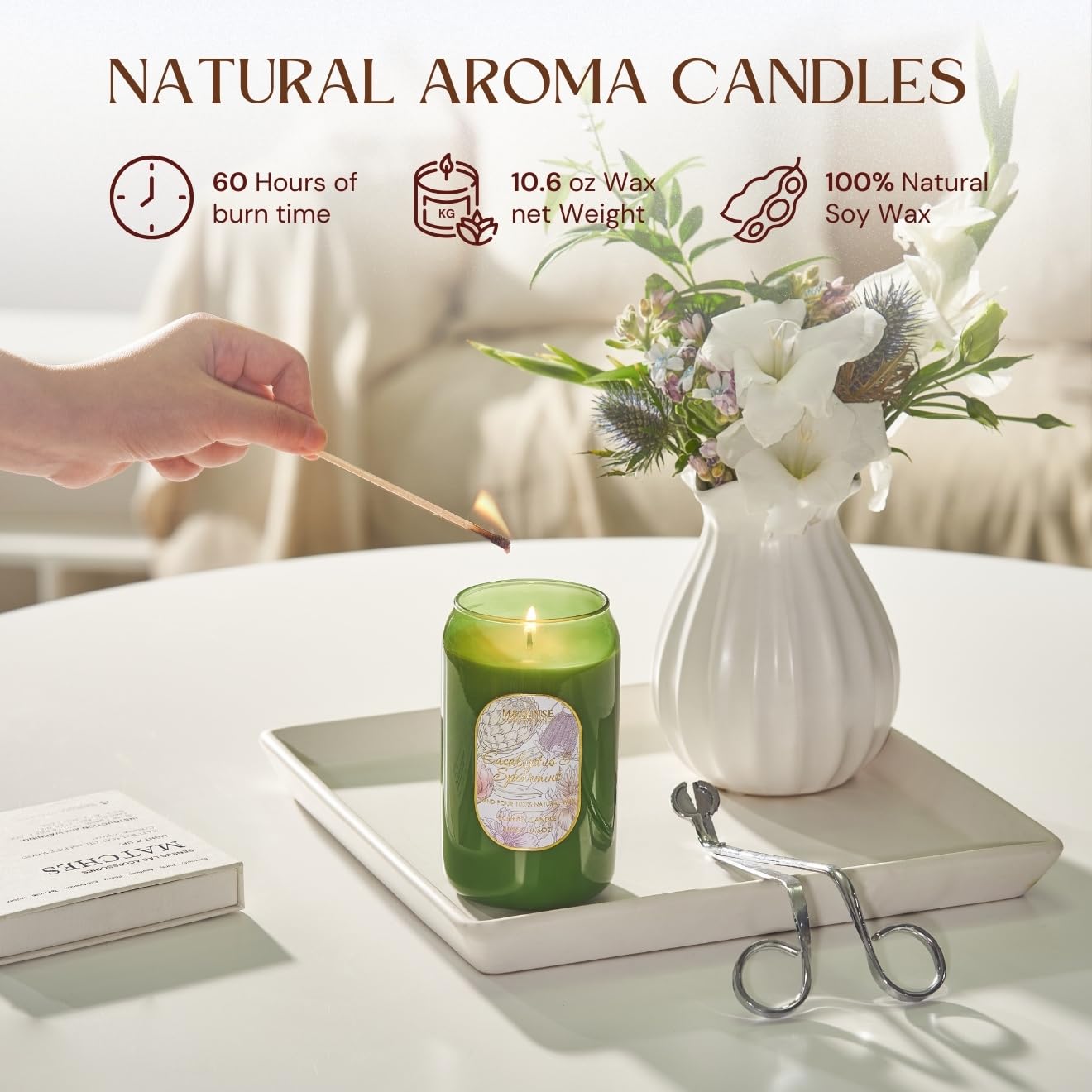 M&SENSE Strong Green Soy Scented Candle - Eucalyptus Spearmint Scent, 10.6 oz, 60-Hour Burn,Calming Stress Relief Candles Gift f