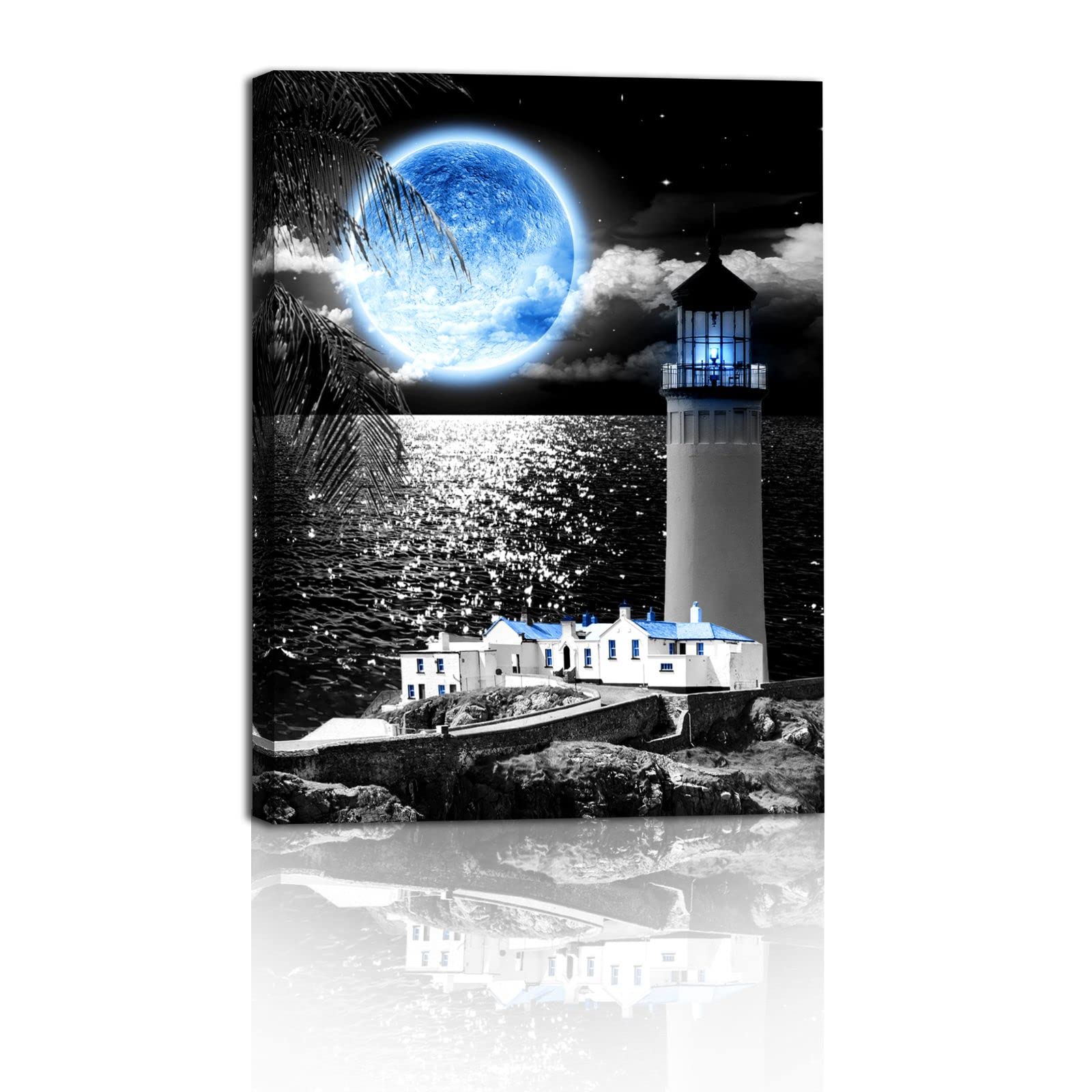 Coast Lighthouse Canvas Wall Art: Blue Moon Wall Decor - Black White Decoration For Home Office, Serene Sea Poster Vintage Decor