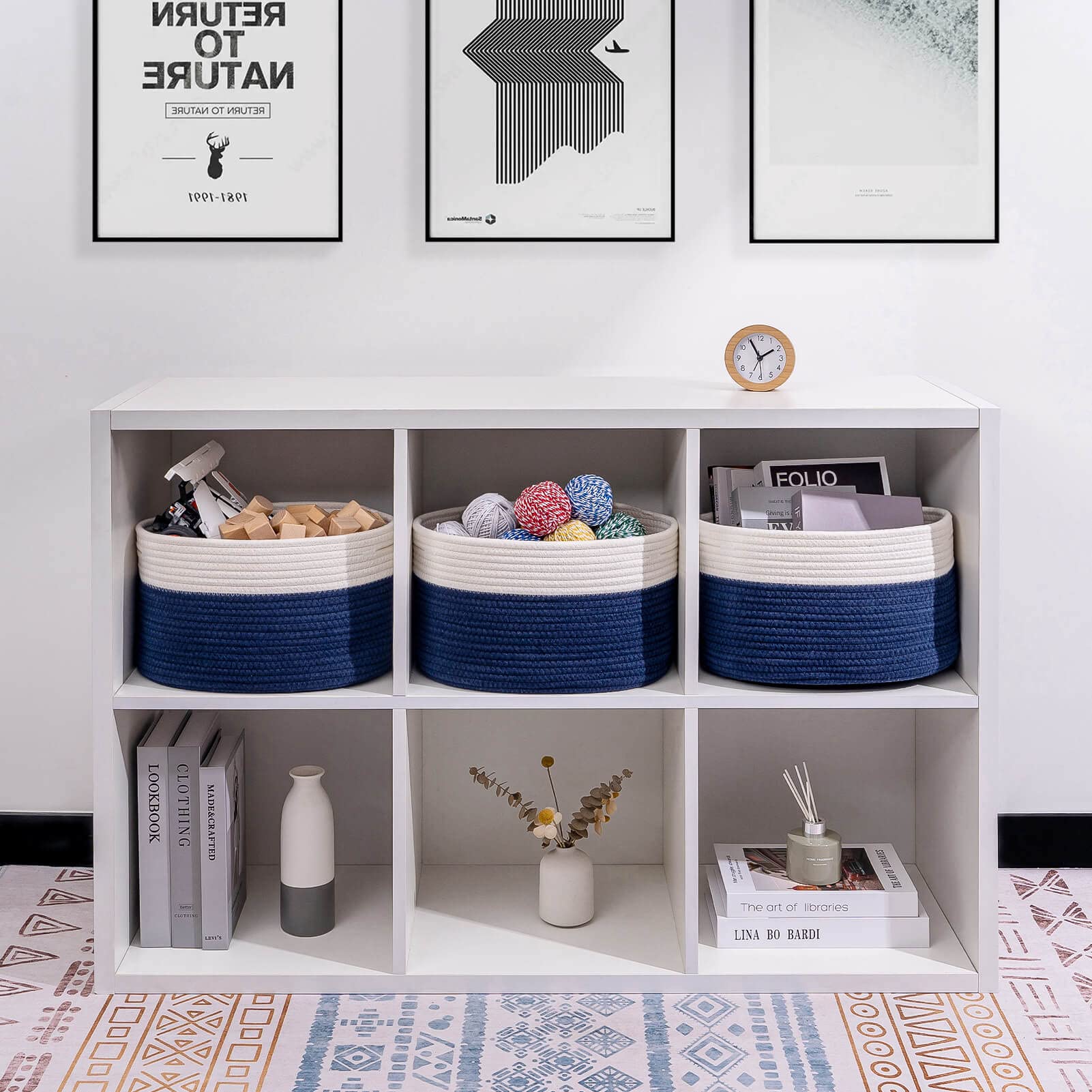 CubesLand Off White/Navy Storage Baskets Bins for Shelves/Organizing Woven Cube Storage Baskets Bins for Storage  Organizing Baskets Decor Woven Rope Baskets Long-lasting Stylish 3pack