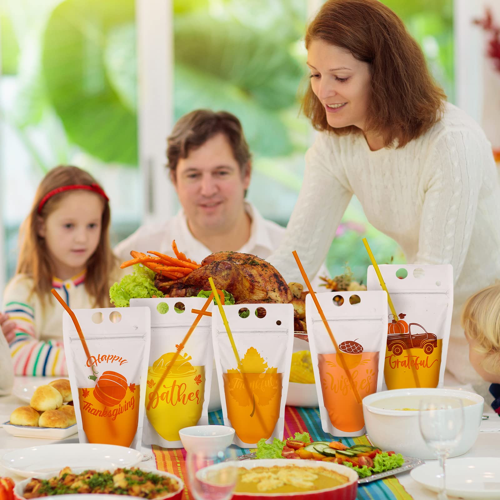 Jinei 24 Sets Thanksgiving Drink Pouches with Straw Pumpkin Turkey Maple Leaves 16 oz Juice Plastic Bags Reclosable Ice Drink Po
