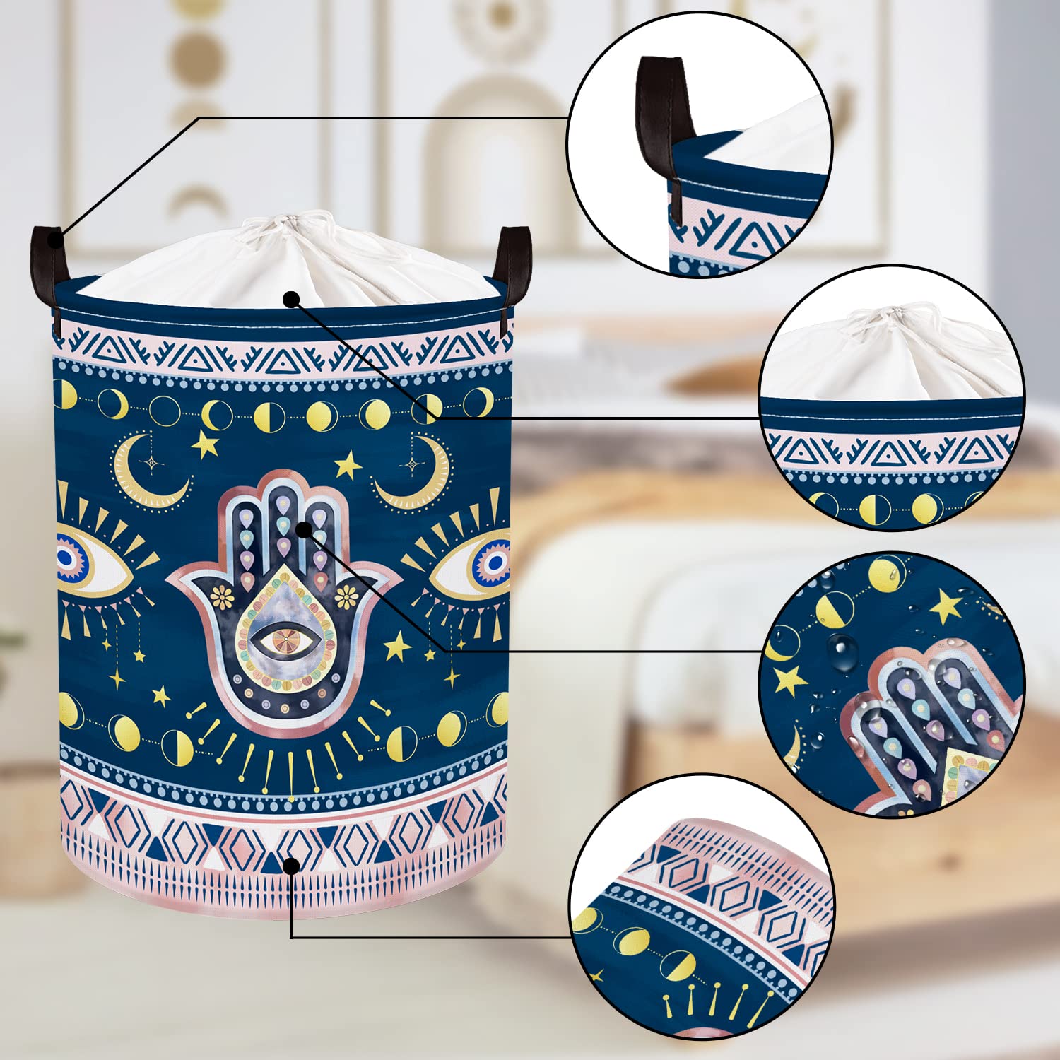 Clastyle 45L Blue Bohemia Evil Eye Laundry Baskets Hand Of Fatima Storage Basket For Blanket Toys Moon Star Hamsa Laundry Hamper