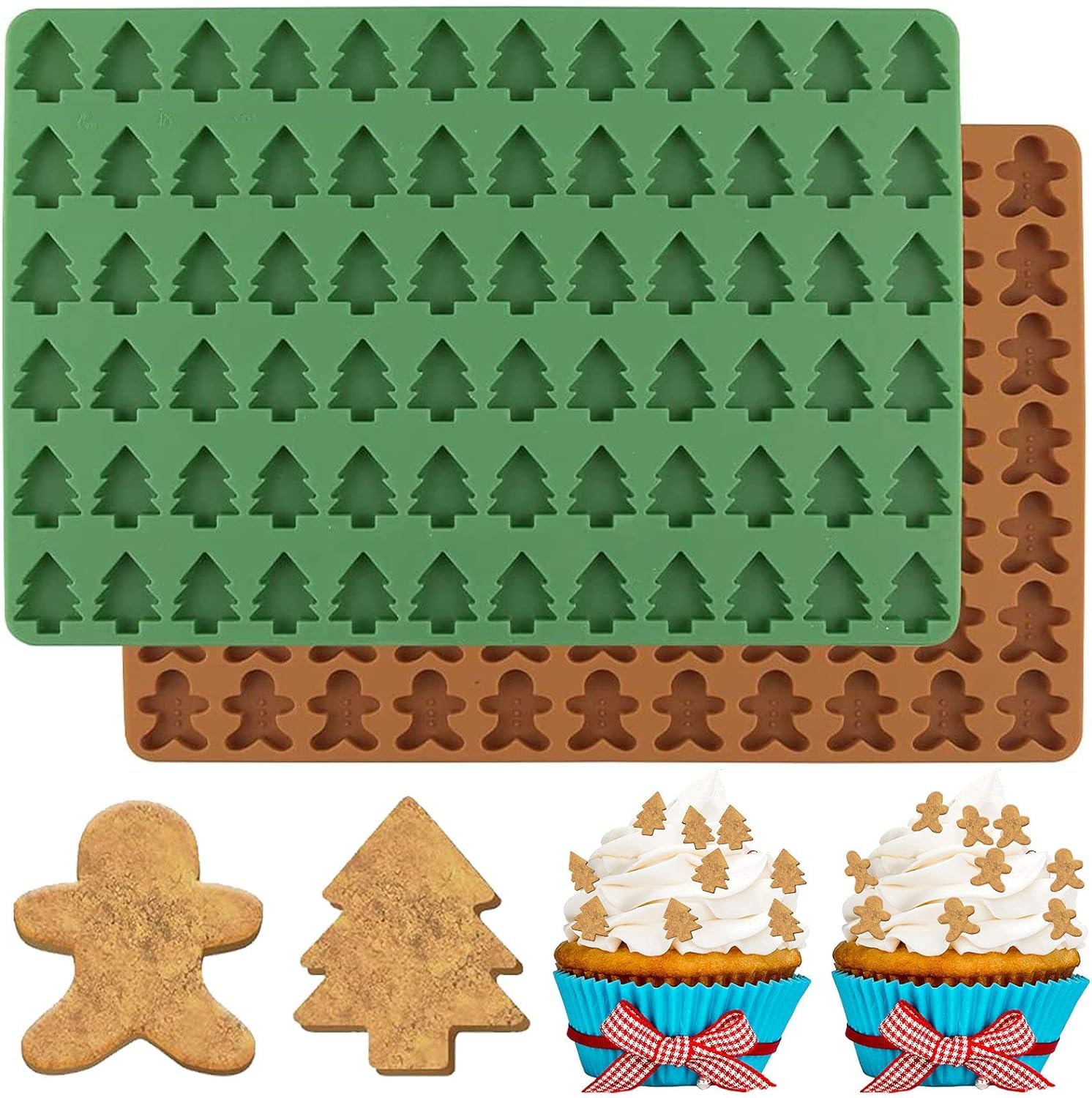 Anydesign Christmas Silicone Molds Mini Xmas Tree & Gingerbread Candy Chocolate Mould Christmas Non-Stick Fondant Baking Mold Fo