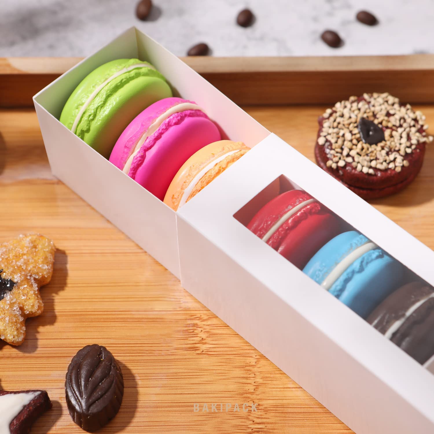Bakipack 25 Macaron Boxes For 6 Macarons White Macaron Boxes With Interior Measurement 7.3'' X 1.9'' X 1.9'' Macarons Gift Boxes