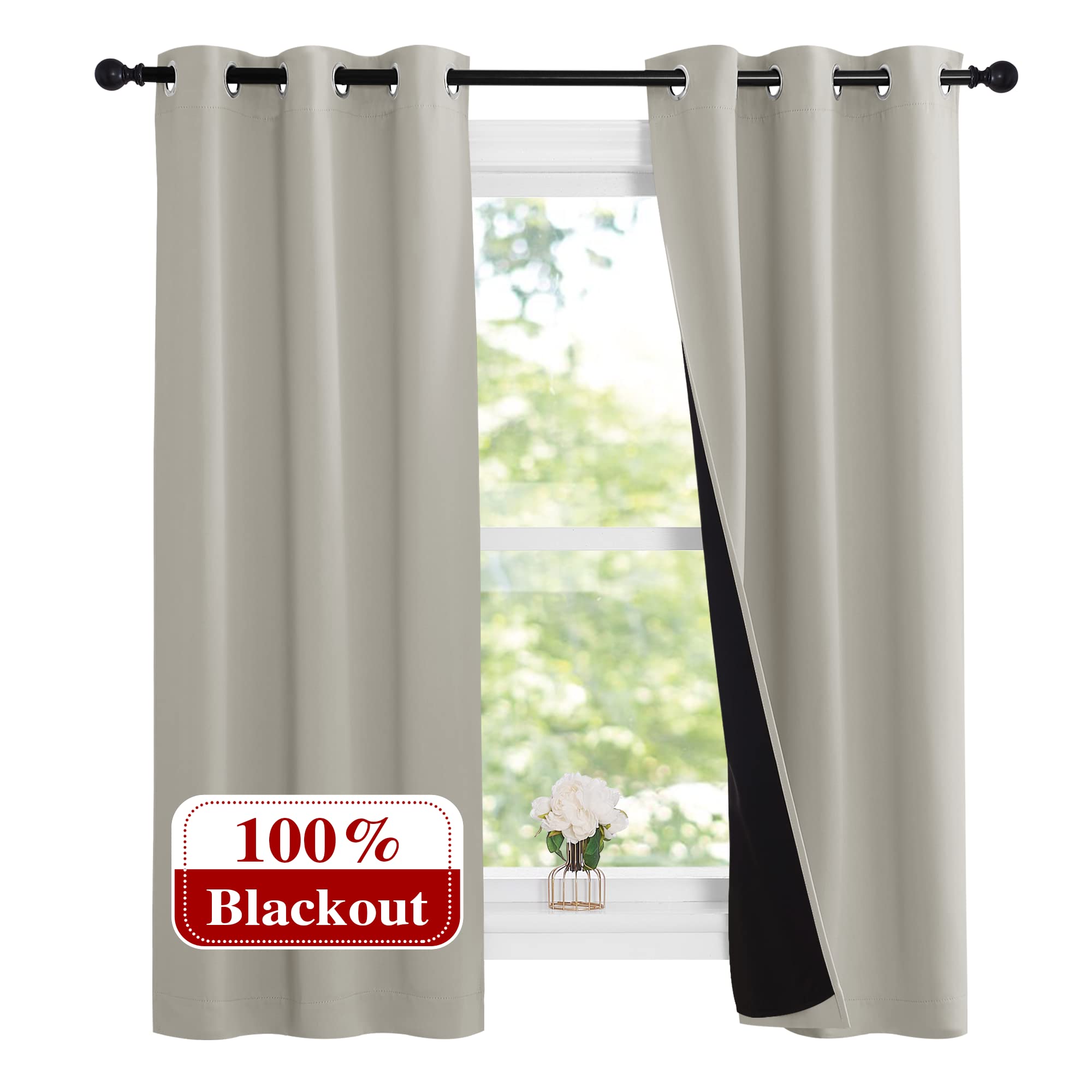 NICETOWN Natural 100% Blackout Lined Curtains, 1 Pair, 37 Width x 60 Length Each Panel, 2 Thick Layers Narrow Wide Window Treatm