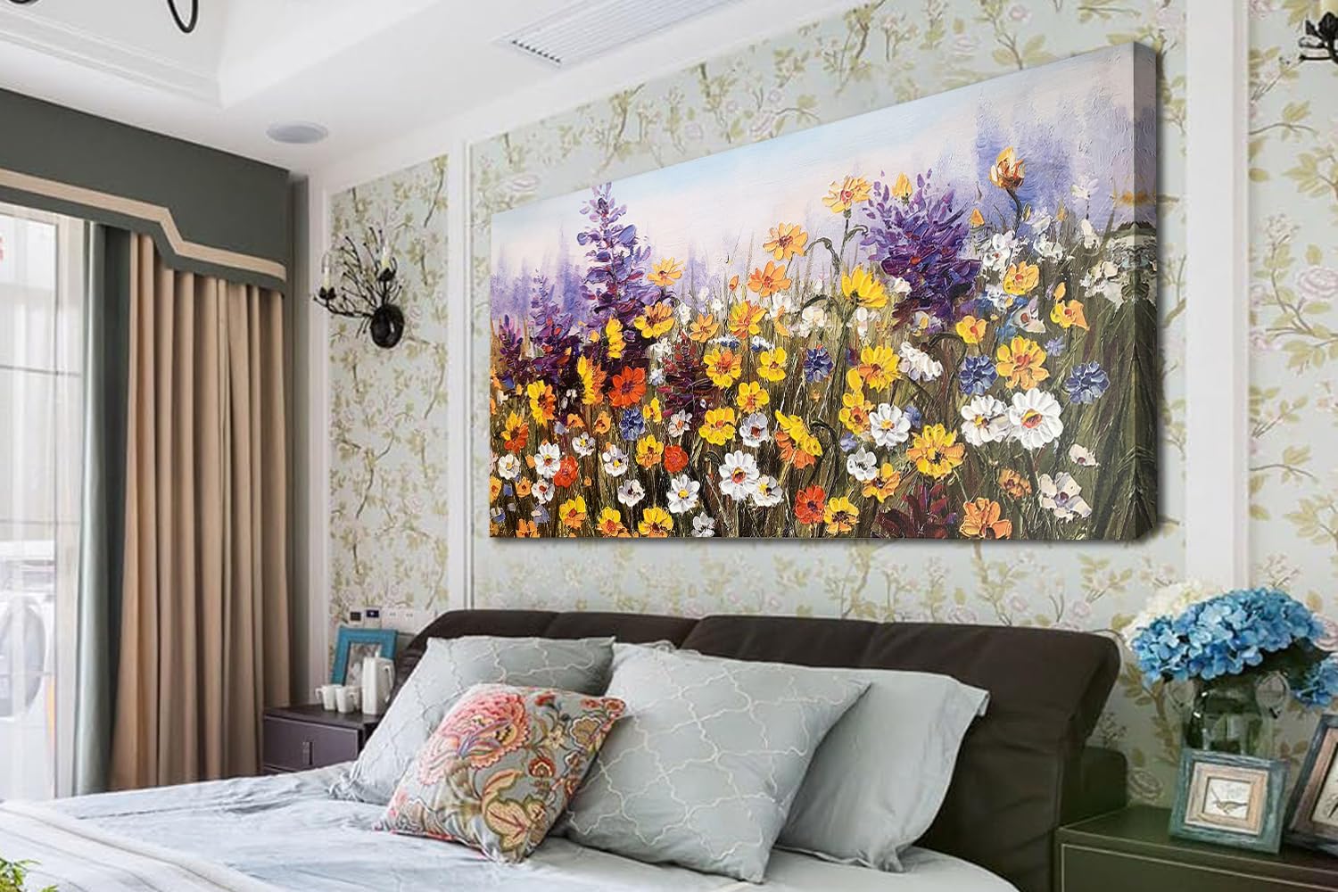 Ardemy Flowers Wall Art Canvas Daisy Colorful 3d Textured Picture Landscape Wildflowers Painting  Purple Yellow Floral Artwork Large Framed for Living Room Bedroom Bathroom Office Home Decor 48''x24''
