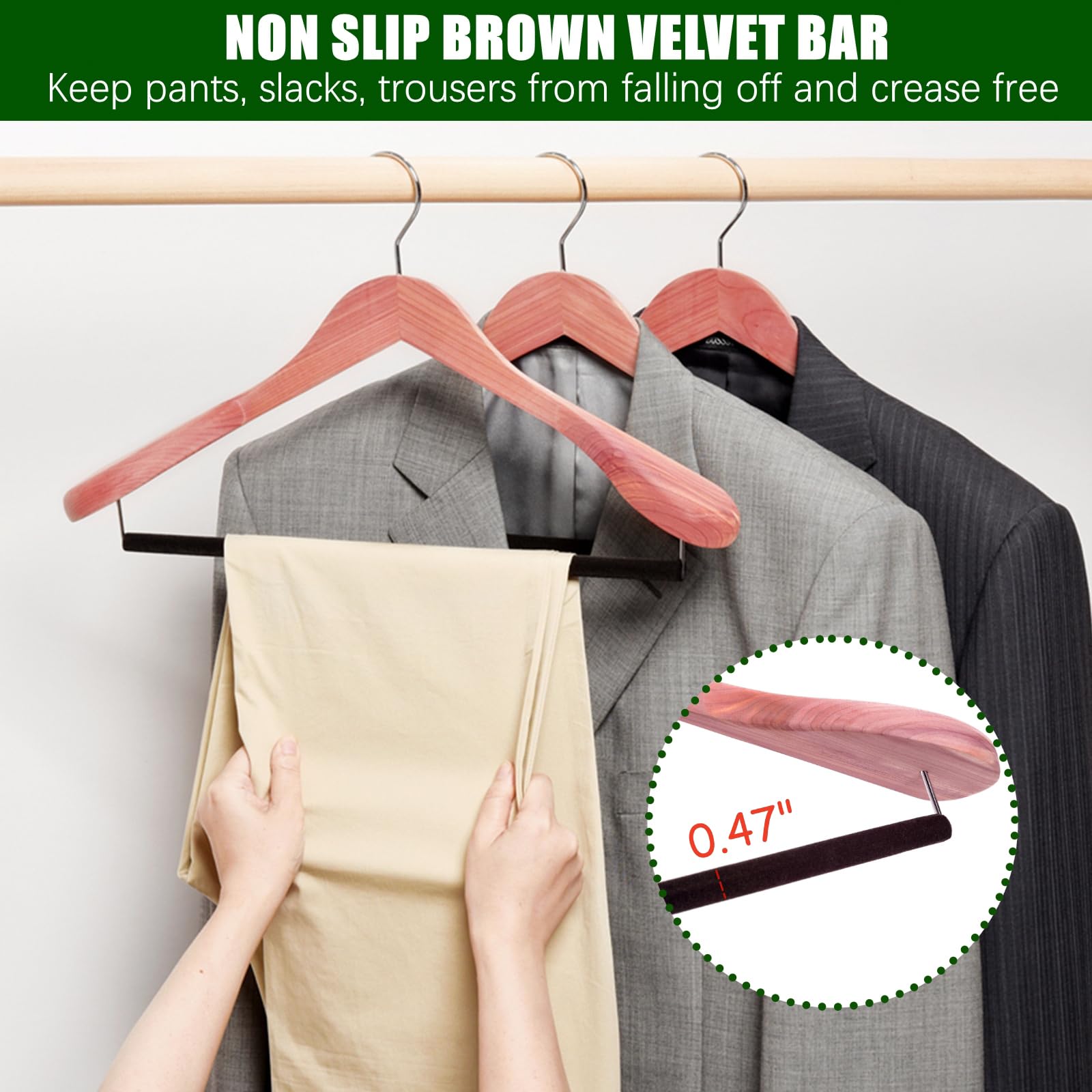 Amber Home 5 Pack American Red Cedar Wood Coat  Suit Hangers with Extra Wide Shoulder  Wooden Jacket Clothes Hanger Smooth Deluxe Aromatic Natural Cedar with Non Slip Velvet Pant Bar