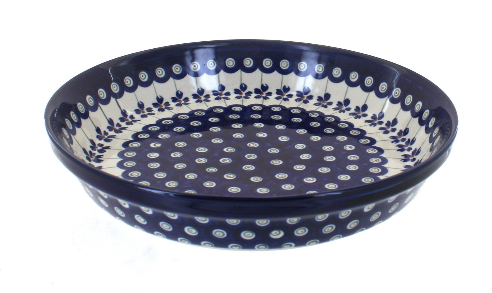 Blue Rose Polish Pottery - Blue Flowering Peacock Pie Plate - 9.75 Diameter - Ceramic Baking Dish, For Pies, Quiches & Desserts
