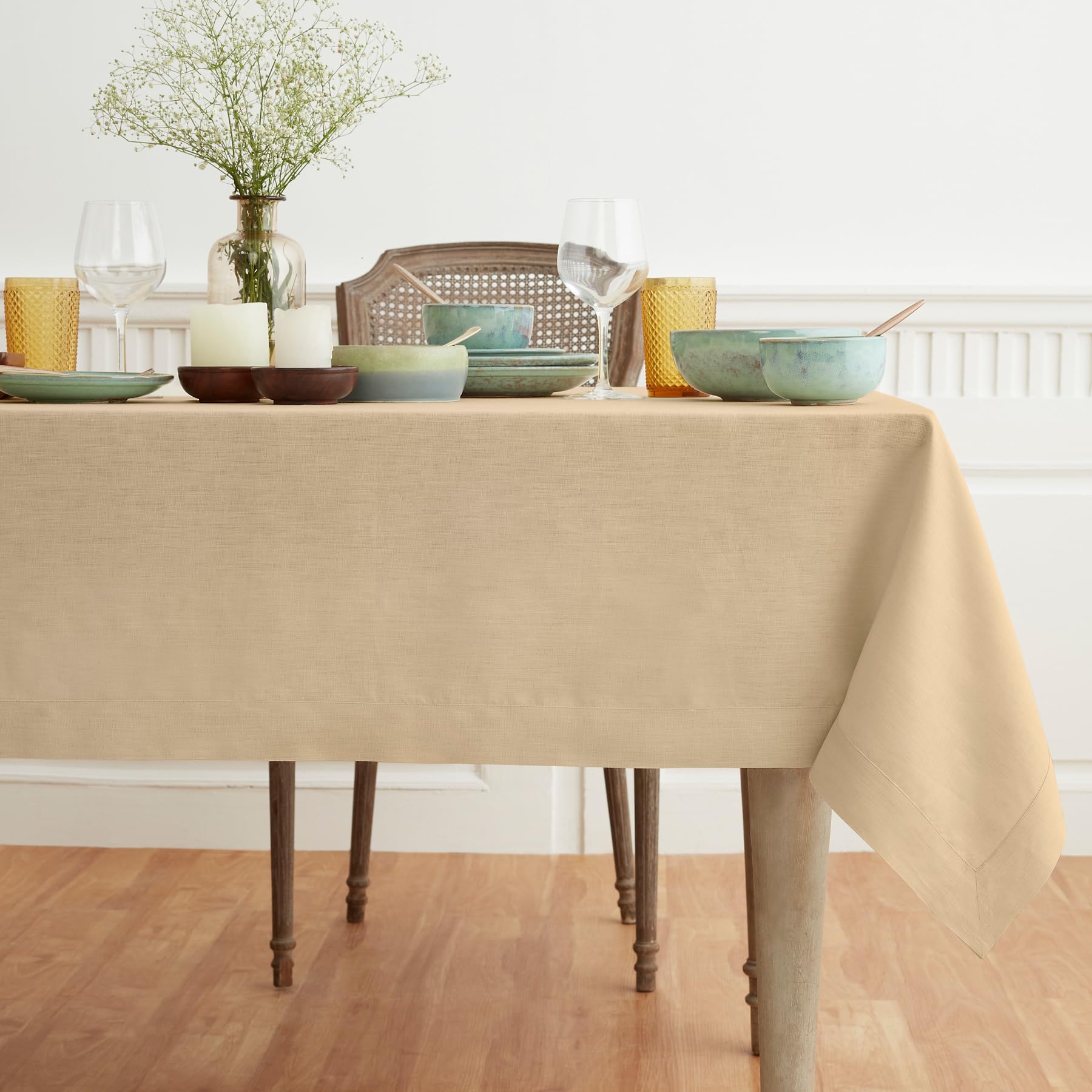 Solino Home Linen Tablecloth - 100% Pure Linen Beige Tablecloth 90 '' L X 60 '' W Inch - Machine Washable Rectangle Tablecloth F