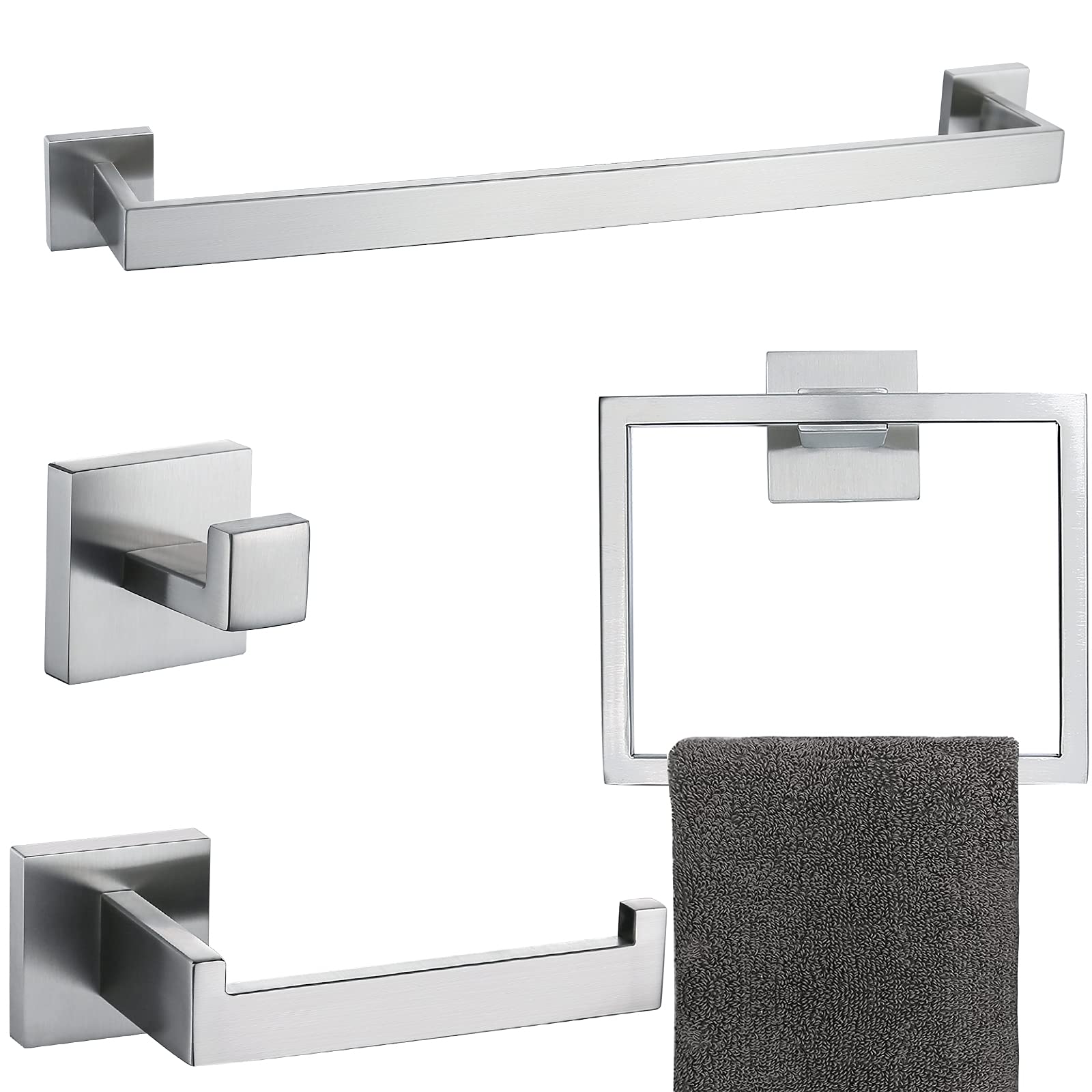 Brushed 4-Piece Bathroom Hardware Set Premium Stainless Steel Bath Towel Bar Sets Wall Mounted Square Bathroom Accessories Kit,