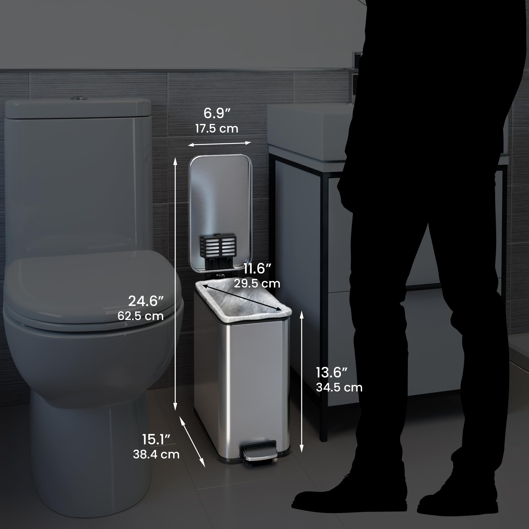 iTouchless SoftStep 3 Gallon Slim Bathroom Step Trash Can with Odor Filter & Removable Inner Bucket  11 Liter Pedal Stainless Steel Small Garbage Bin for Home  Office  Bedroom  Business  Cubicle