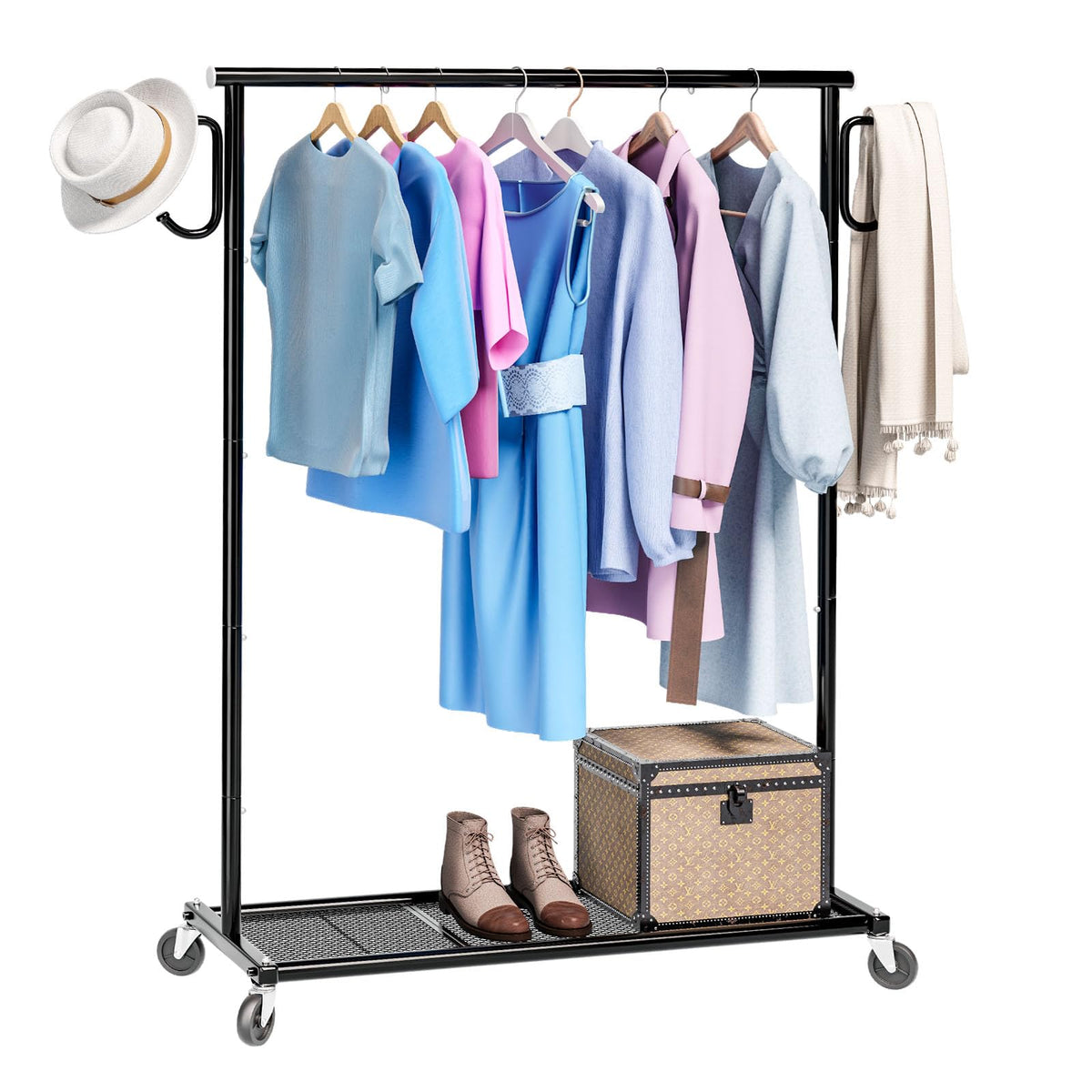Ekisemio Clothing Garment Rack On Wheels, Heavy Duty Clothes Organizer With Bottom Mesh Shelf For Hanging Clothes, Side With 2 H