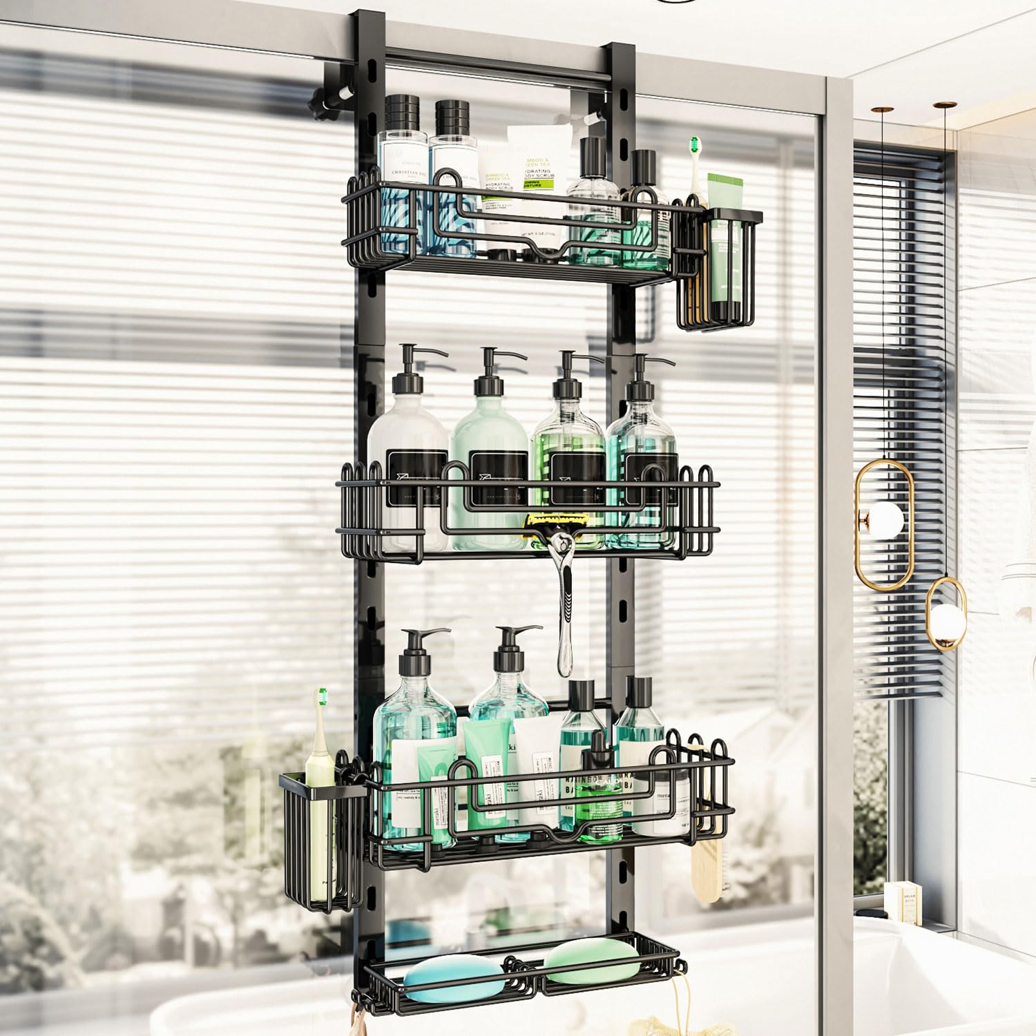 HapiRm 4 Tier Over the Door Shower Caddy, Hanging Shower Caddy with 22 Hooks and 2 Toothbrush Holders, No Drilling Adjustable Ha