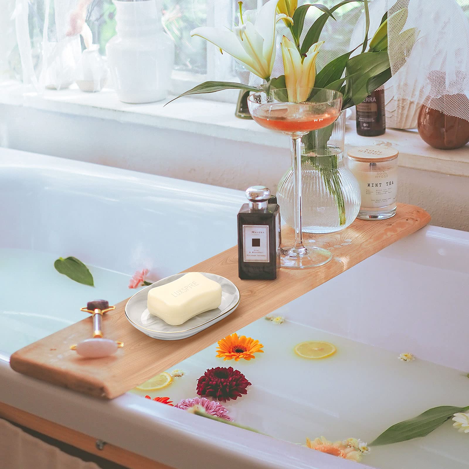 Luxspire Soap Dish Holder, Ceramic Marble Soap Tray Bar Soap Holder With Gold Trim, Oval Sponge Case Box Hand Soap Plate Contain