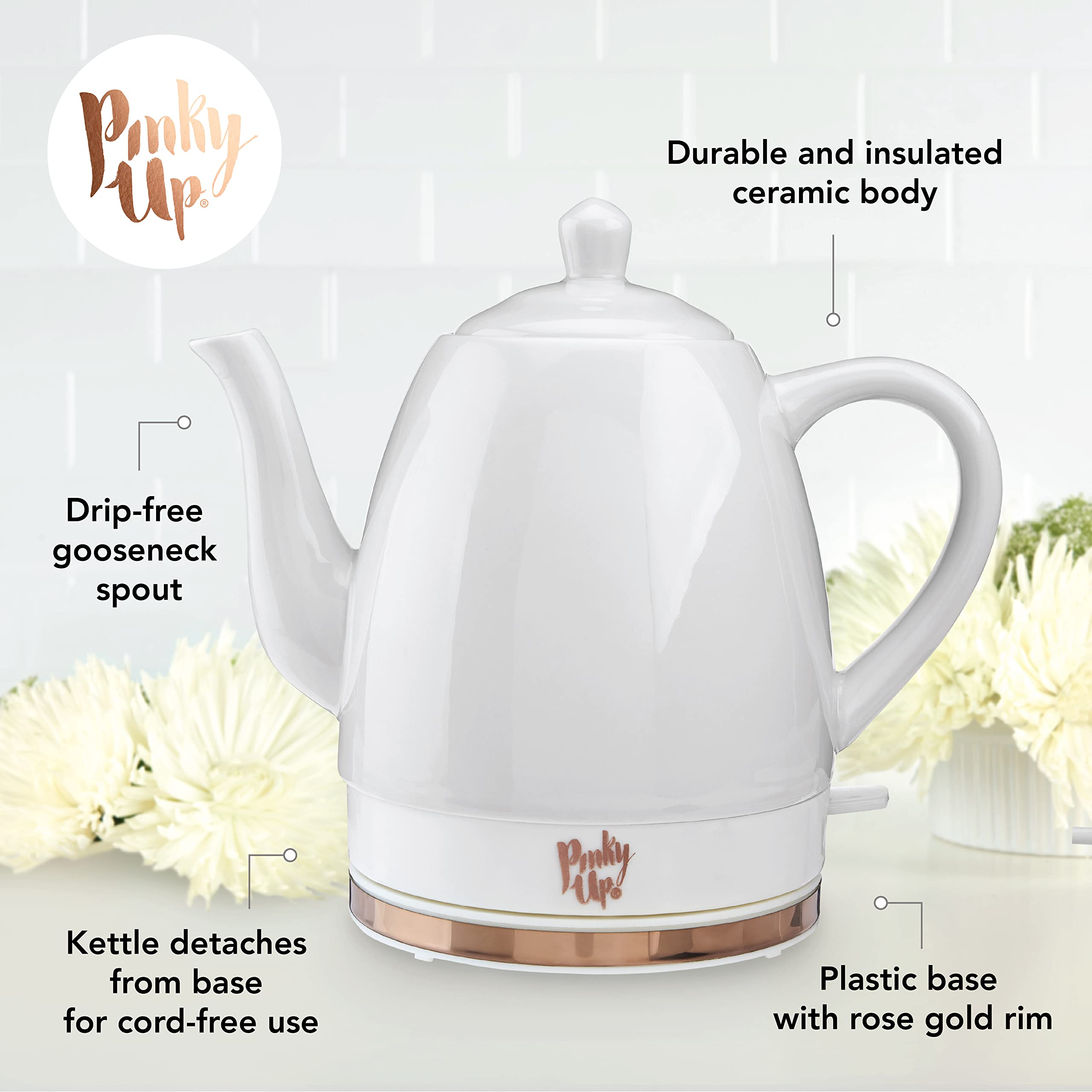 Pink Up Noelle Electric Tea Kettle, Gooseneck Kettle, Hot Water Dispenser, Pour Over Coffee, Automatic Shut Off, Cordless, Elect