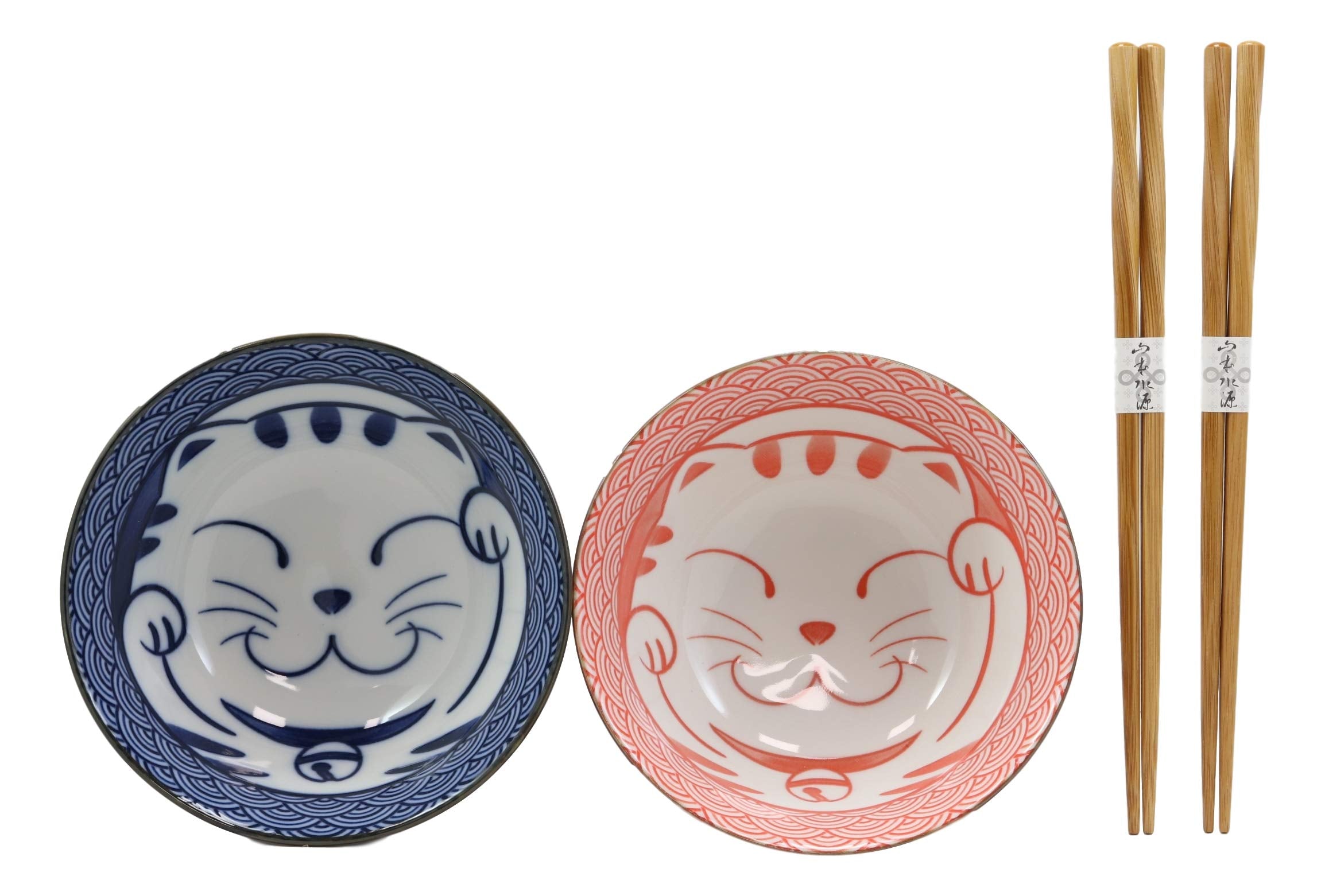 Ebros Gift Made In Japan Auspicious Lucky Meow Cat Maneki Neko Colorful Porcelain Bowls With Bamboo Chopsticks Set Of 2 For Sala