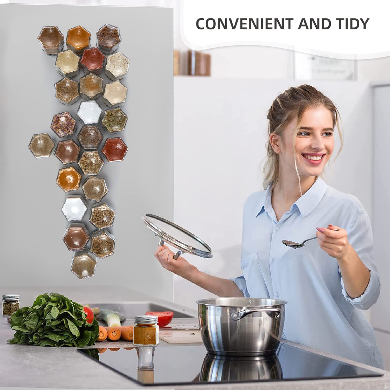 Homazing Set of 24 Magnetic Spice Jars for Refrigerator, Hexagon Glass Magnetic Spice Jars with Shaker Lids and Labels for Kitch