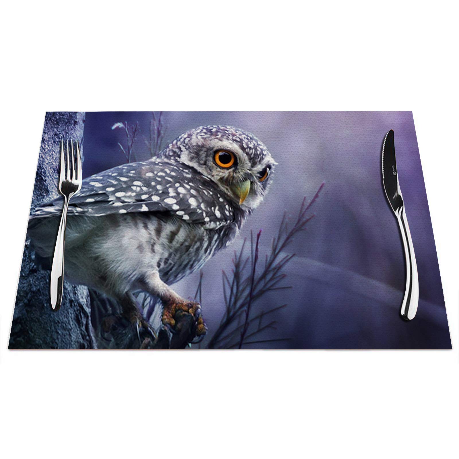 Owl Placemats Set Of 4, Cute Owl Winter Tree Blue Placemats Heat Resistant For Dining Table Non-Slip 18X12 Inches