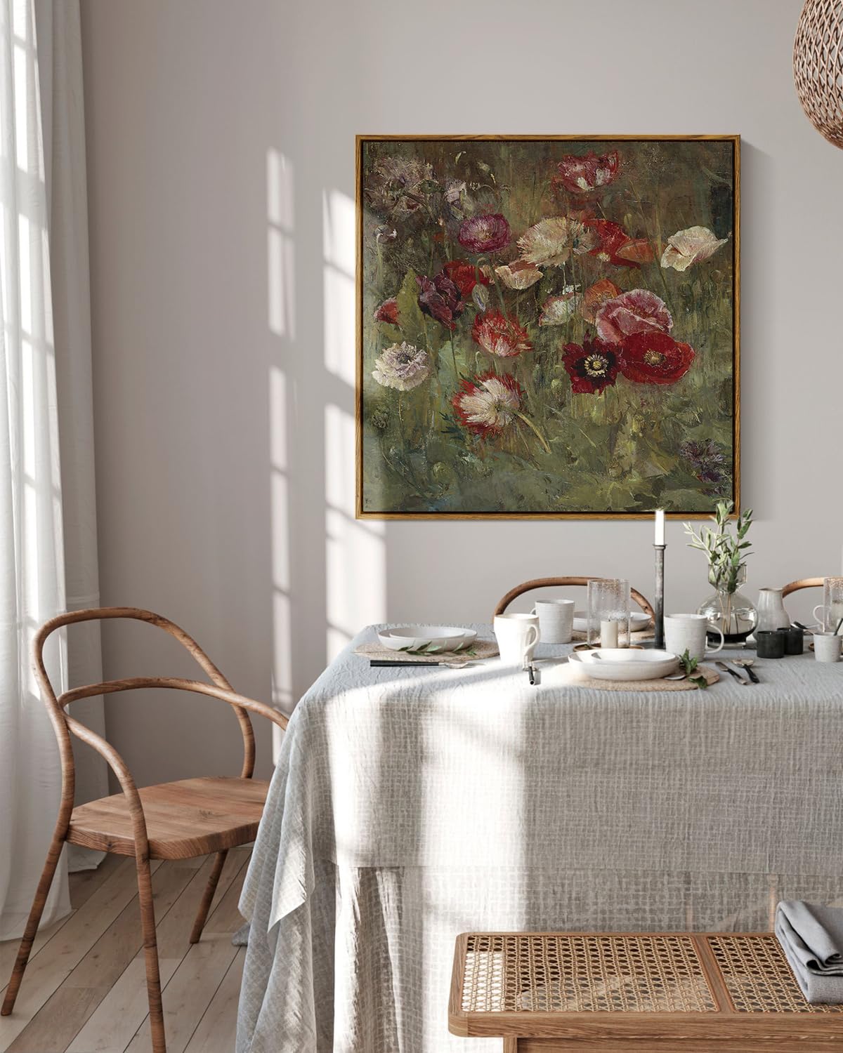 Insimsea Square Framed Canvas Wall Art, Large Decor A Bed Of Poppies Paintings, Classical Floral Wall Pictures For Bedroom Bathr