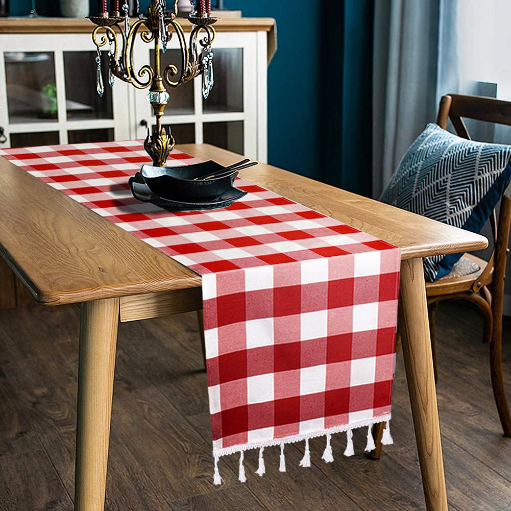 Duobao Buffalo Plaid Table Runner 14X108-Inches Red And White Checkered Tables Runners With Tassel Christmas Decoration Gingham