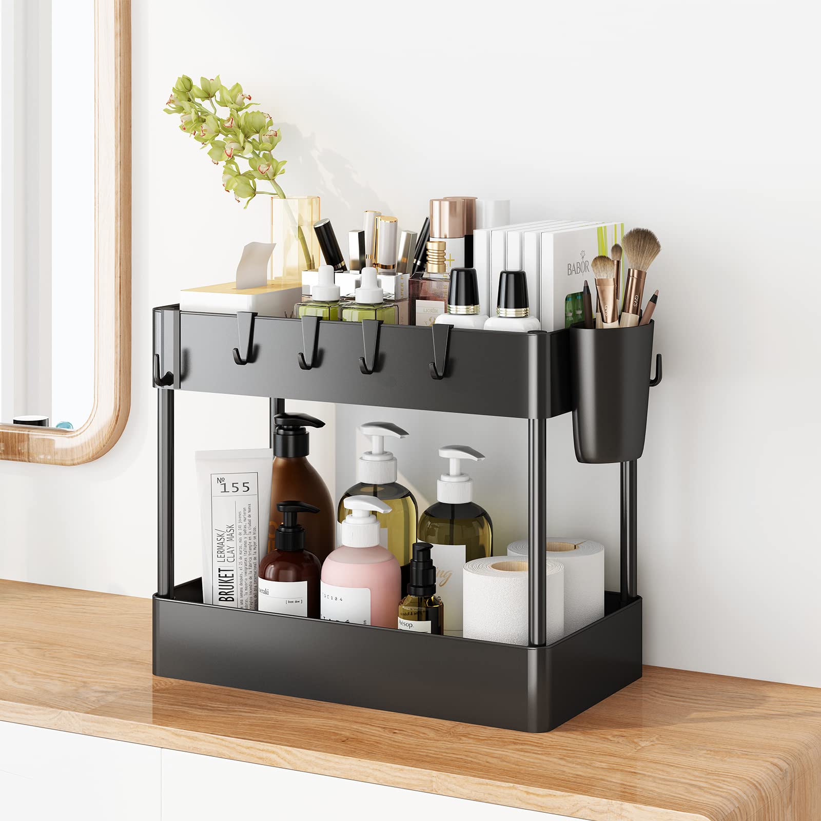 Aiyaka 2 Tier Under Sink Rack Organizer, Bathroom Kitchen Cabinet Storage Shelf, With 6 Hooks, Black