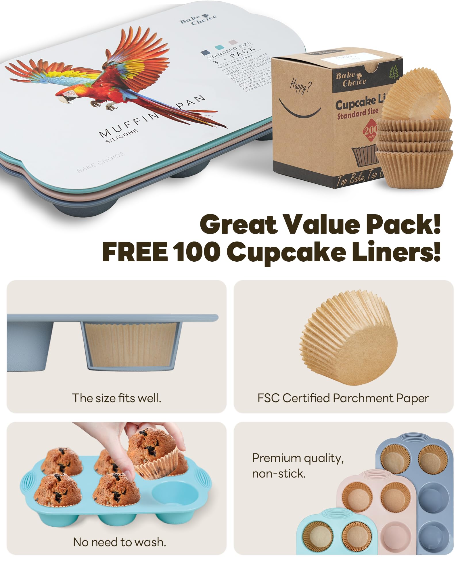 Bake Choice Silicon Muffin Pan-3-Pack Includes 100 Natural Cupcake Liners, 6-Cavity Regular Size, Bpa Free, Egg Bite & Muffin Mo
