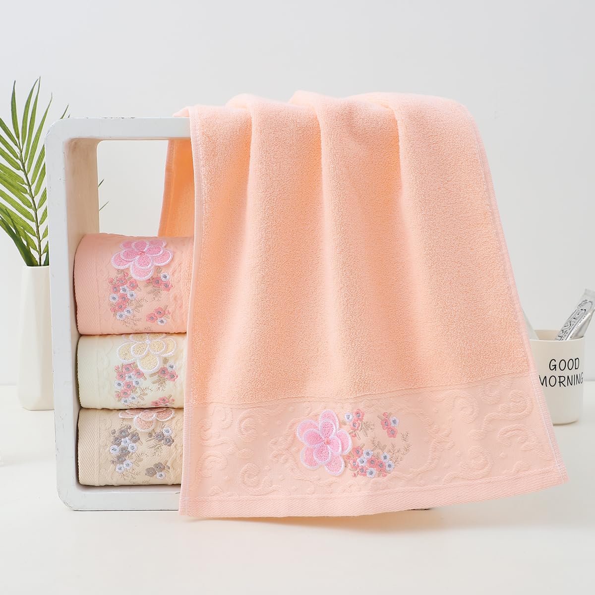 Pidada Hand Towels Set Of 2 Embroidered Floral Pattern 100% Cotton Absorbent Soft Decorative Towel For Bathroom (Pink)